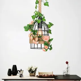 Antiqued Metal Birdcage Pendant with Rose Design and Rope Rod for Dining Room Ceiling Lighting