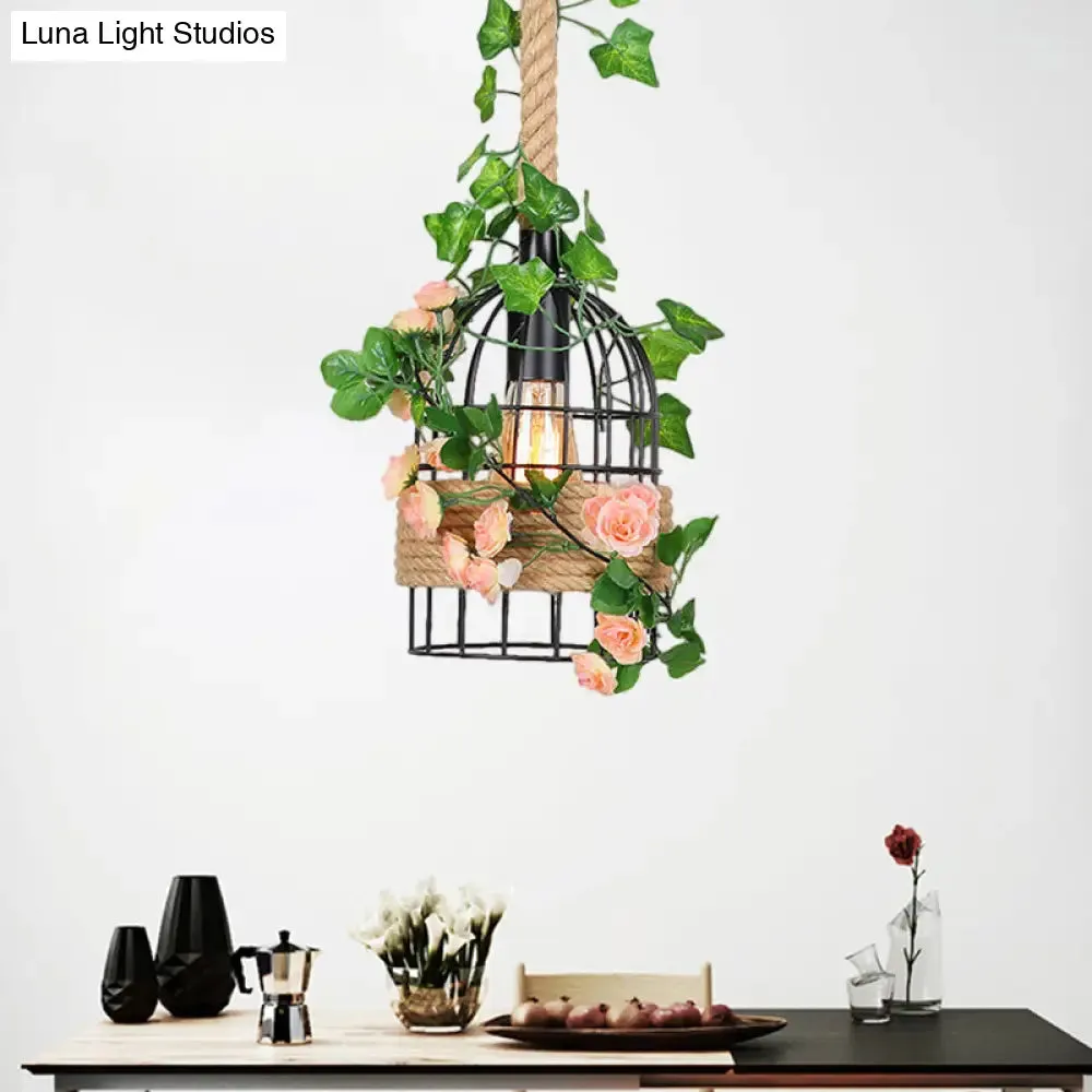 Antiqued Metal Birdcage Pendant with Rose Design and Rope Rod for Dining Room Ceiling Lighting