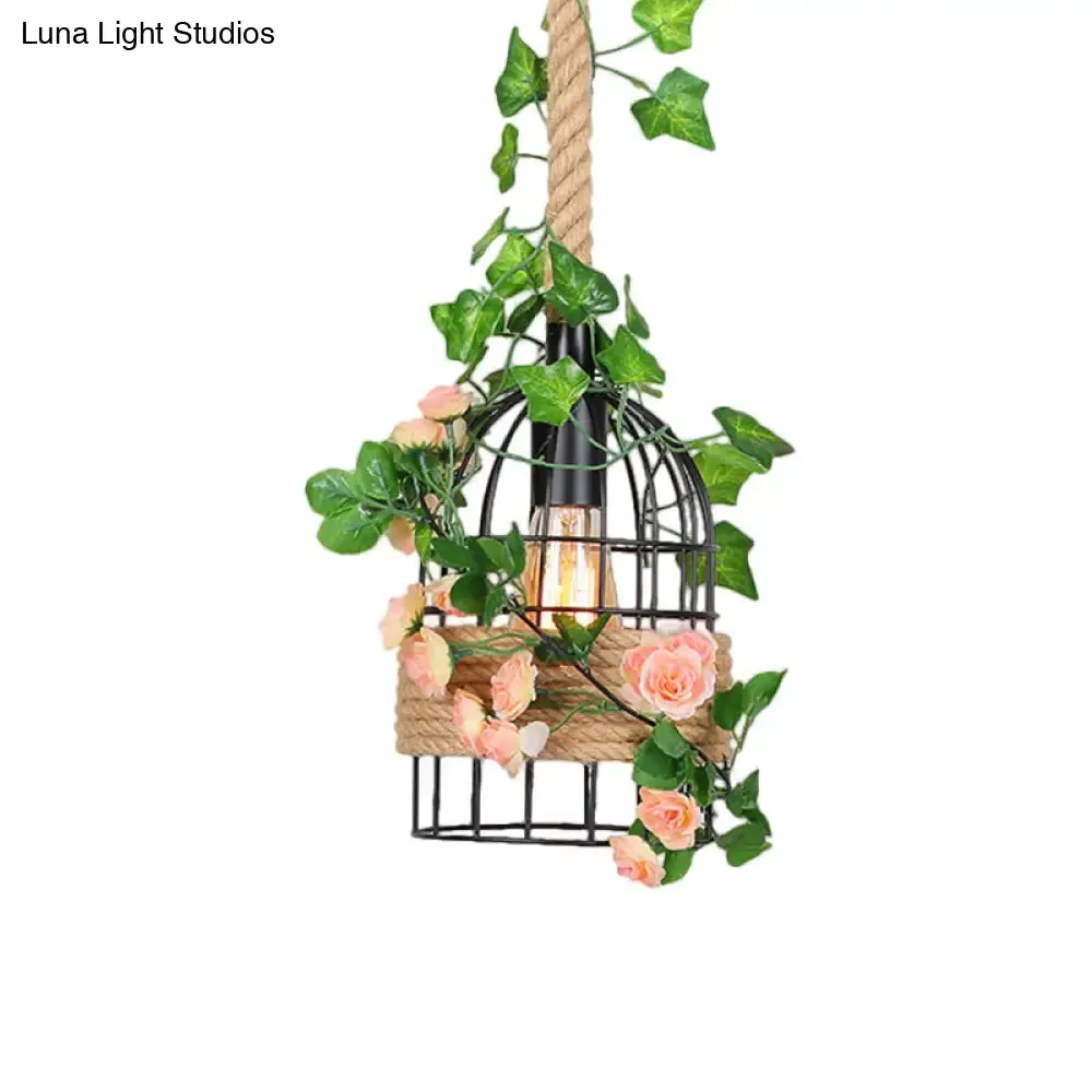 Antiqued Metal Birdcage Pendant with Rose Design and Rope Rod for Dining Room Ceiling Lighting