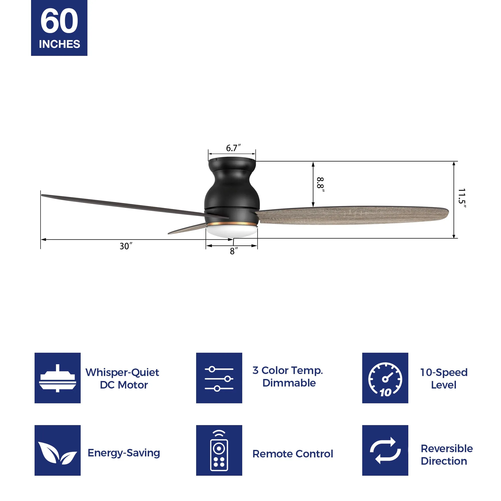 Arran Flush Mount Ceiling Fan with LED Light Kit and Remote 60 inch