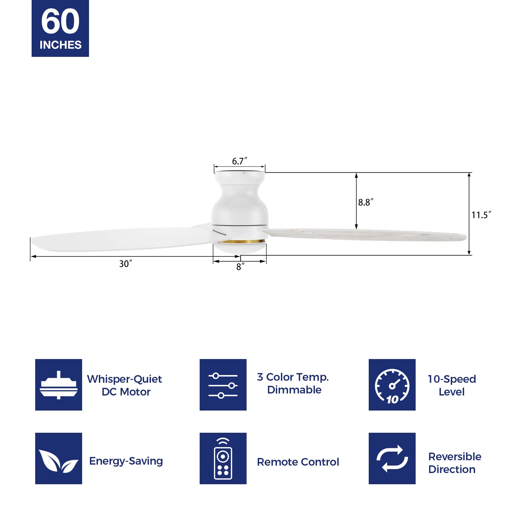 Arran Flush Mount Ceiling Fan with LED Light Kit and Remote 60 inch