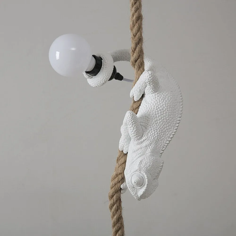 Artistic Resin Chameleon Pendant Light - White Hemp Rope Lamp for Living Room, Study Room - Unique LED Animal Light Fixtures