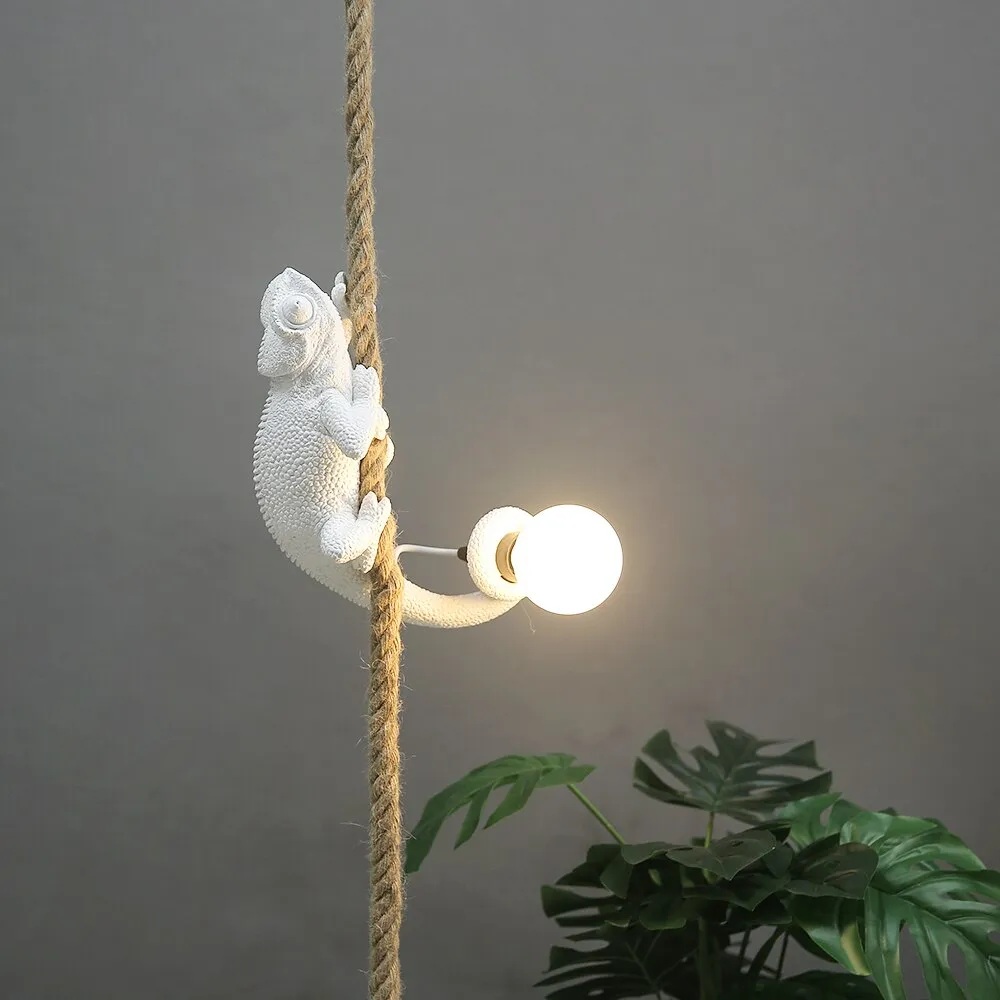 Artistic Resin Chameleon Pendant Light - White Hemp Rope Lamp for Living Room, Study Room - Unique LED Animal Light Fixtures