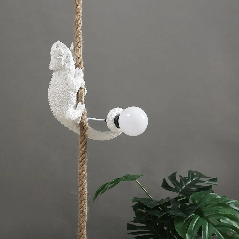 Artistic Resin Chameleon Pendant Light - White Hemp Rope Lamp for Living Room, Study Room - Unique LED Animal Light Fixtures