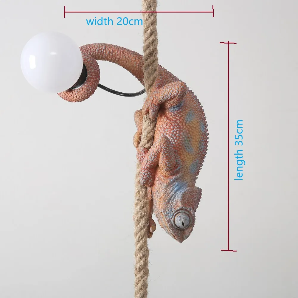 Artistic Resin Chameleon Pendant Light - White Hemp Rope Lamp for Living Room, Study Room - Unique LED Animal Light Fixtures