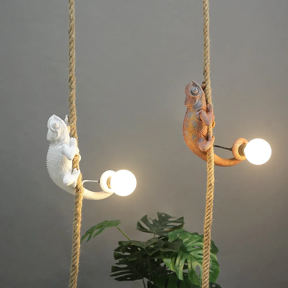 Artistic Resin Chameleon Pendant Light - White Hemp Rope Lamp for Living Room, Study Room - Unique LED Animal Light Fixtures