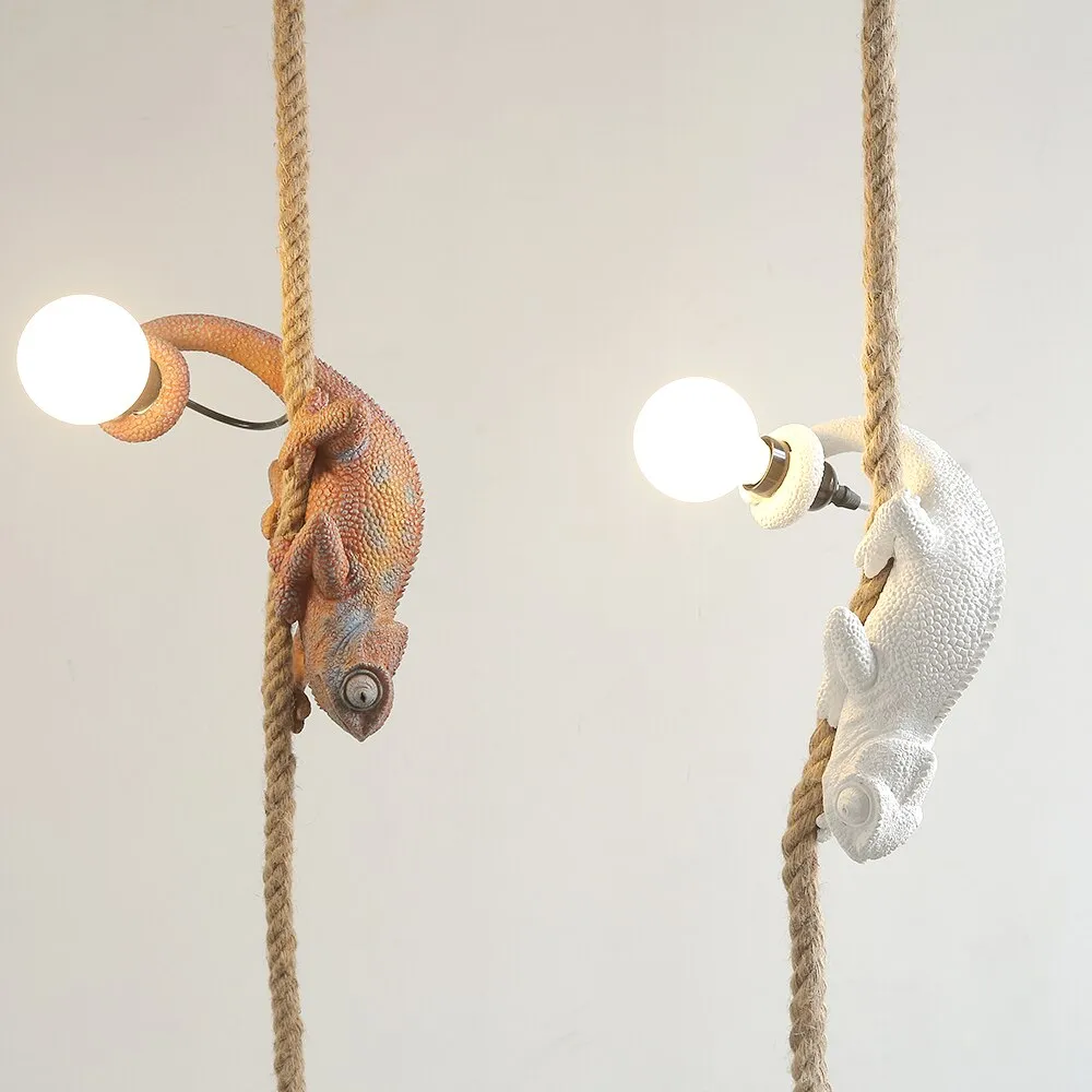 Artistic Resin Chameleon Pendant Light - White Hemp Rope Lamp for Living Room, Study Room - Unique LED Animal Light Fixtures