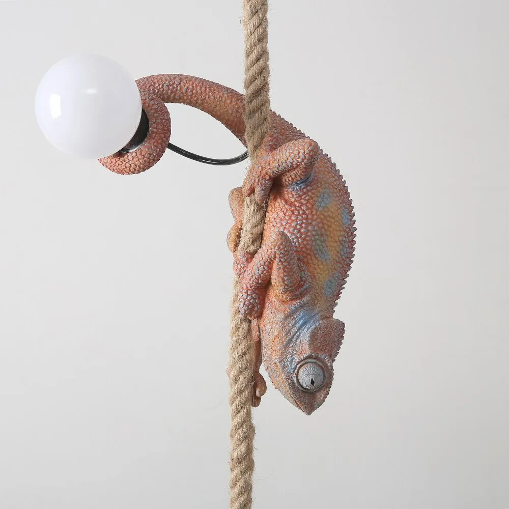 Artistic Resin Chameleon Pendant Light - White Hemp Rope Lamp for Living Room, Study Room - Unique LED Animal Light Fixtures