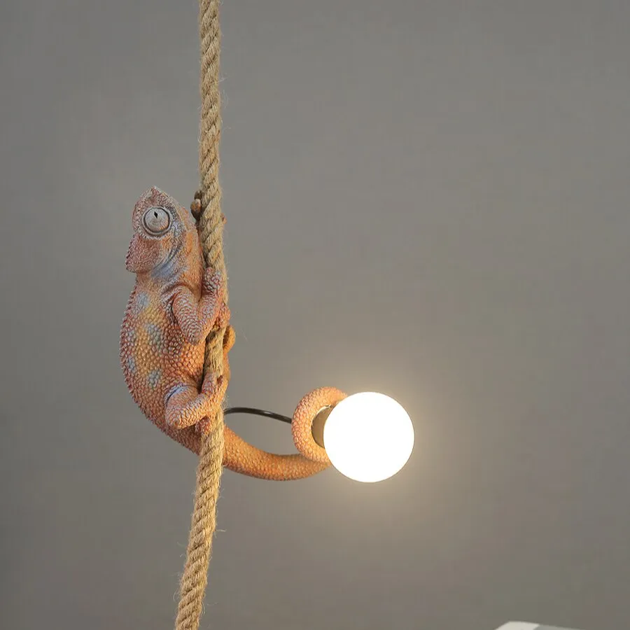 Artistic Resin Chameleon Pendant Light - White Hemp Rope Lamp for Living Room, Study Room - Unique LED Animal Light Fixtures