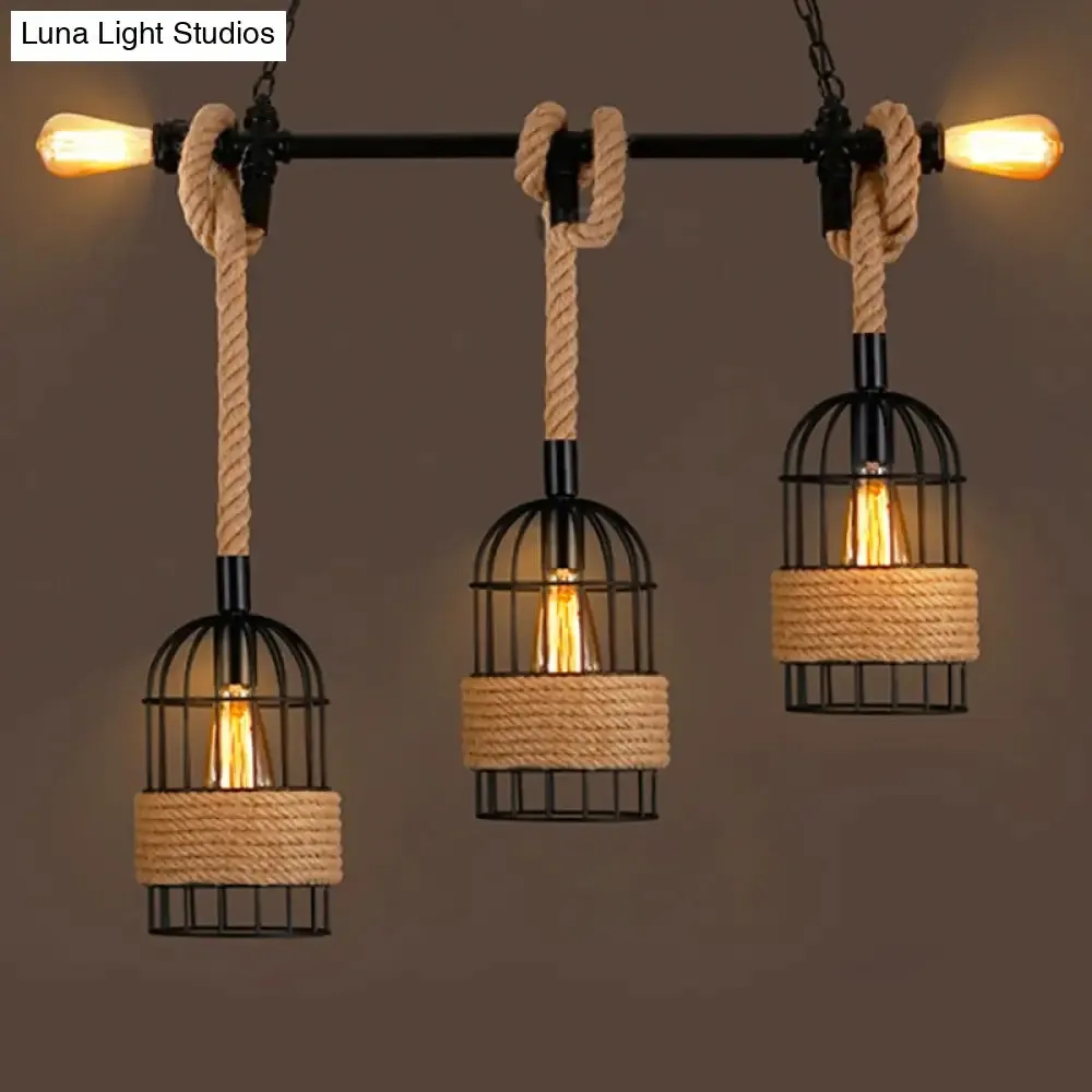 Black Birdcage Island Pendant Light with Jute Rope Cord - 5 Bulbs, Factory Metal Design