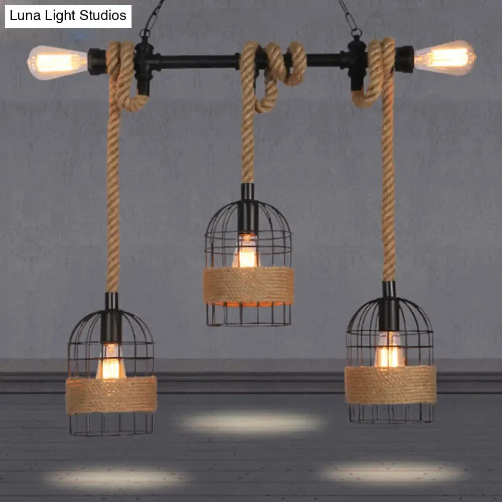 Black Birdcage Island Pendant Light with Jute Rope Cord - 5 Bulbs, Factory Metal Design