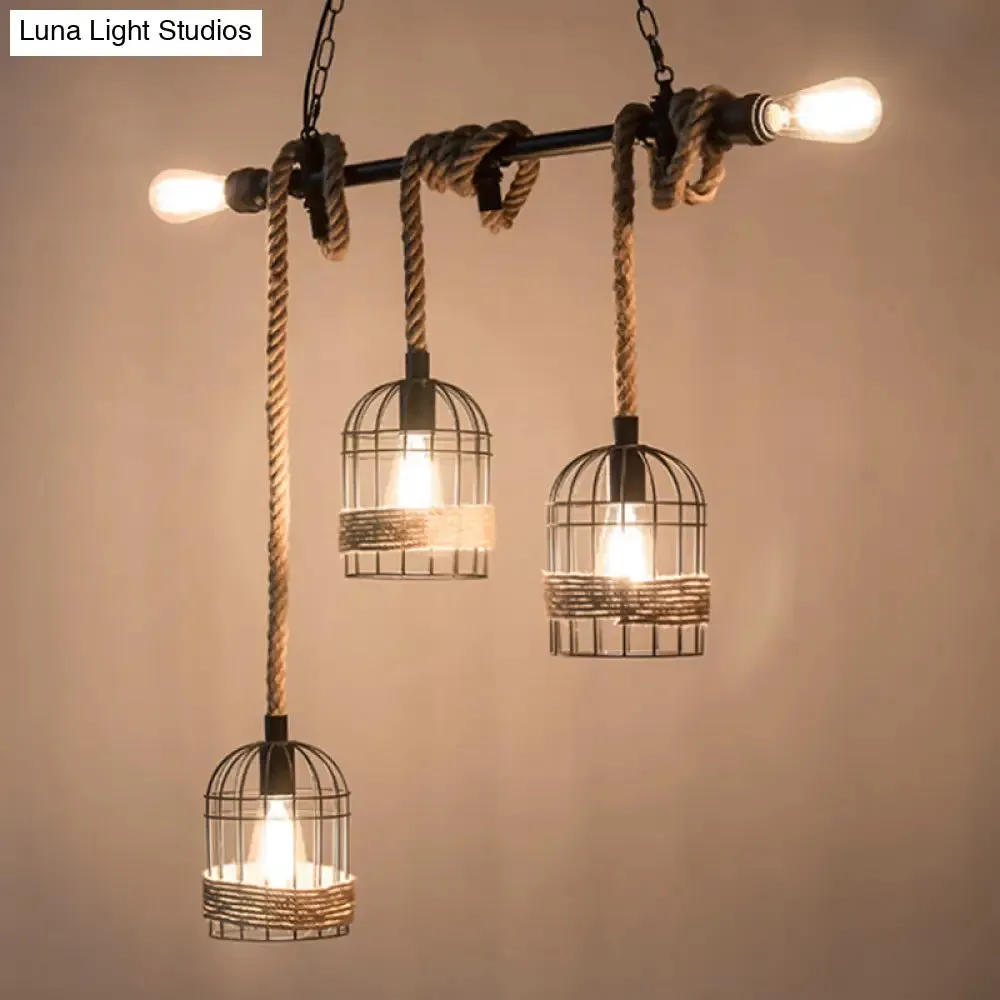 Black Birdcage Island Pendant Light with Jute Rope Cord - 5 Bulbs, Factory Metal Design