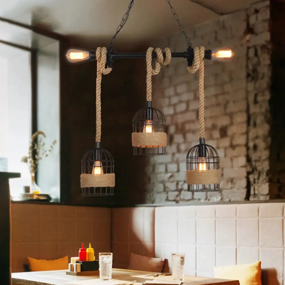 Black Birdcage Island Pendant Light with Jute Rope Cord - 5 Bulbs, Factory Metal Design