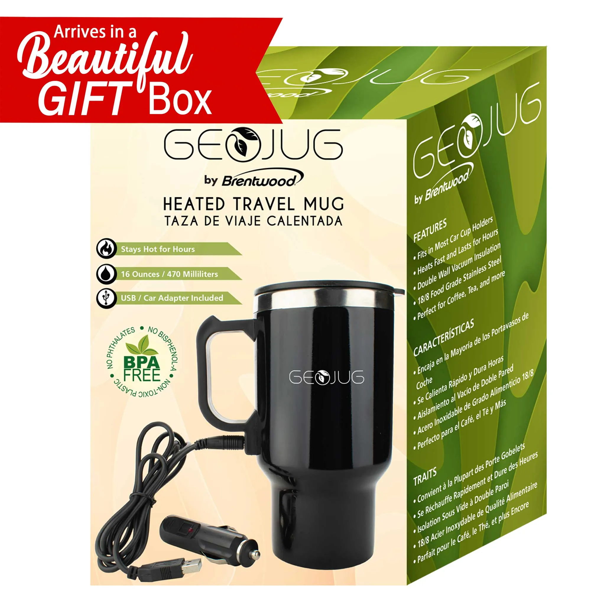 Brentwood CMB-16B Stainless Steel 16oz 12 Volt Heated Travel Mug, Black