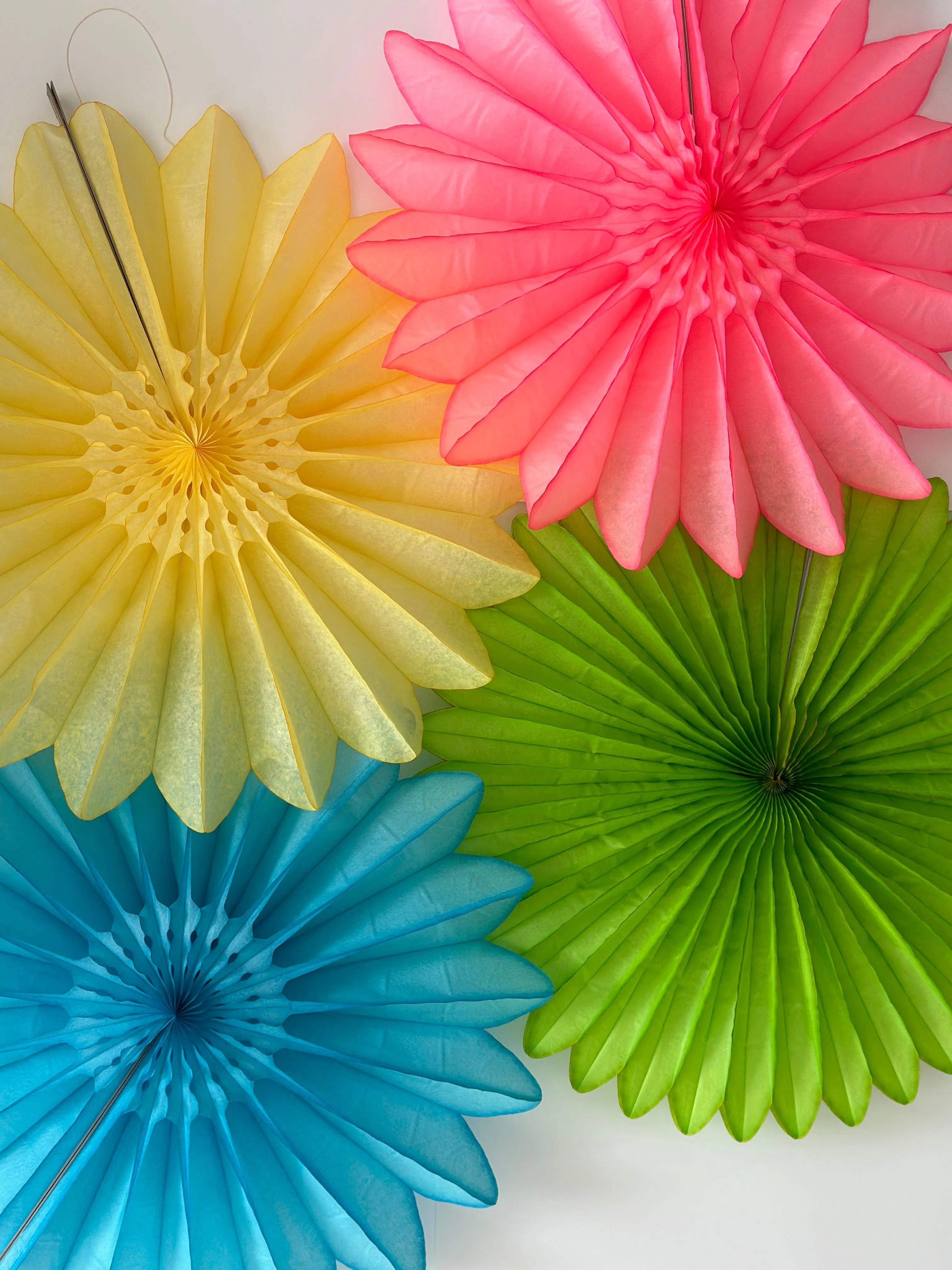 Bright Summer Colour Paper Fans - Set of 4 - 26' Diameter - Perfect Party Decorations - Orange, Yellow, Green, Blue and Pink