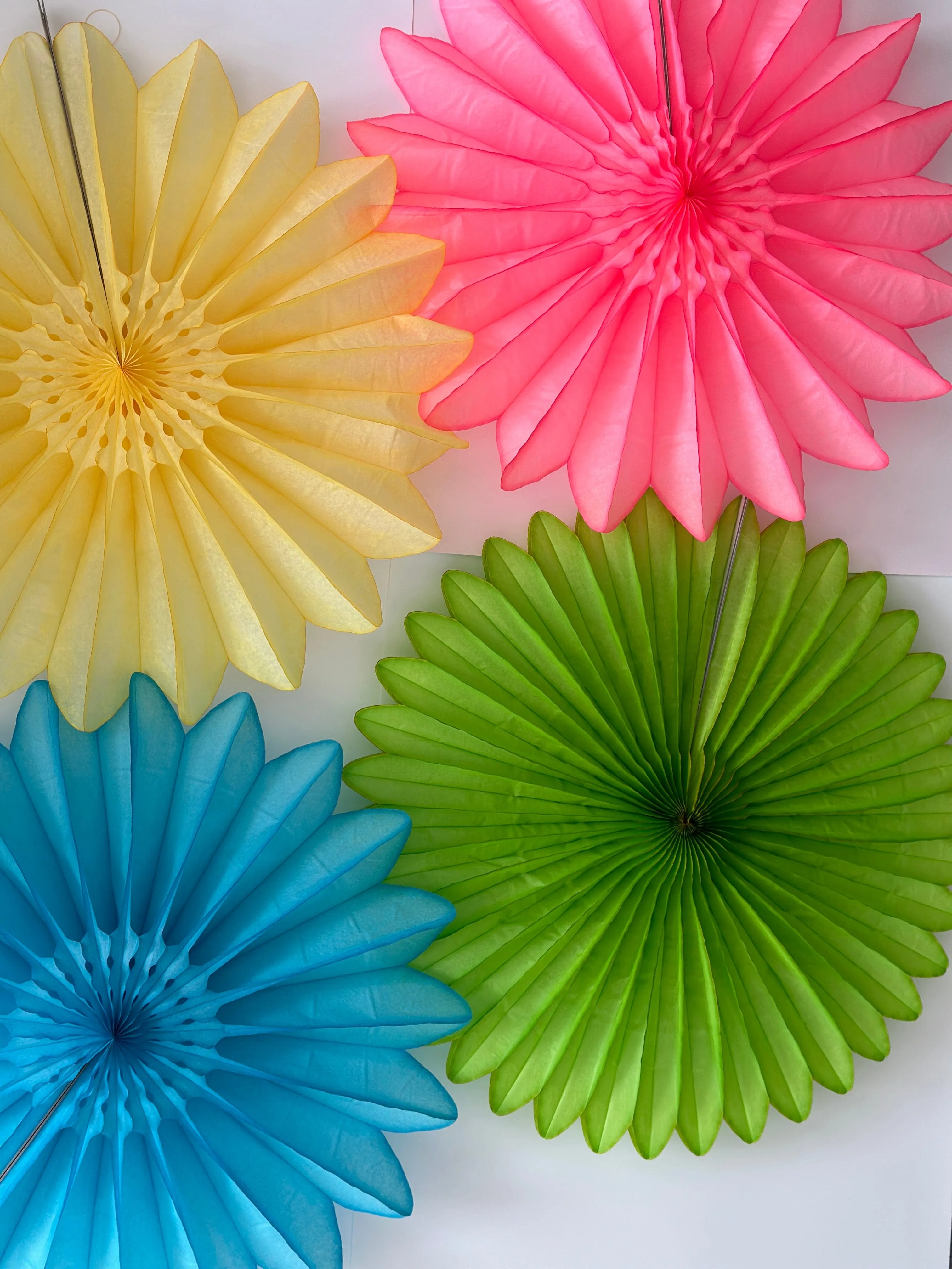 Bright Summer Colour Paper Fans - Set of 4 - 26' Diameter - Perfect Party Decorations - Orange, Yellow, Green, Blue and Pink