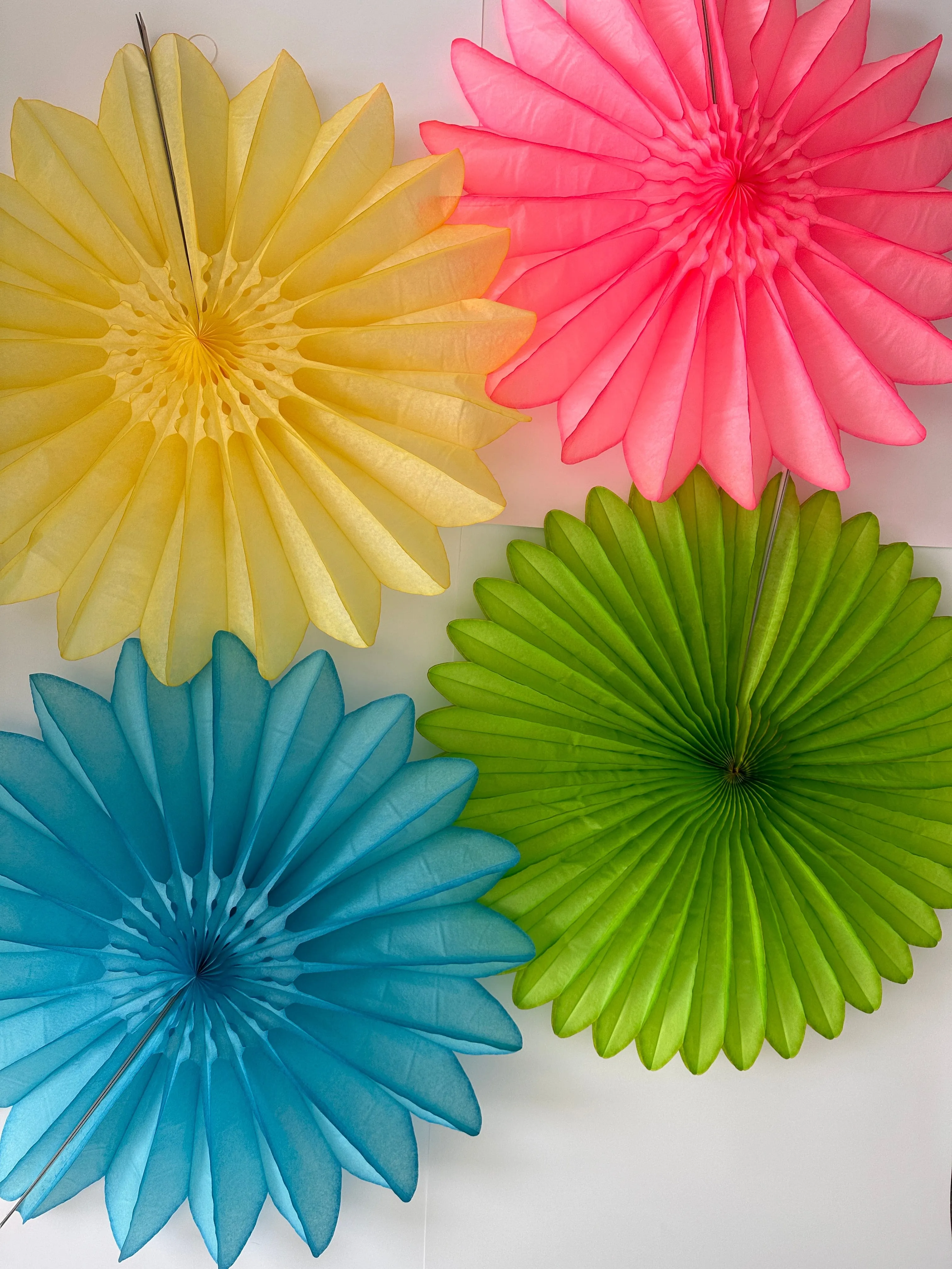 Bright Summer Colour Paper Fans - Set of 4 - 26' Diameter - Perfect Party Decorations - Orange, Yellow, Green, Blue and Pink