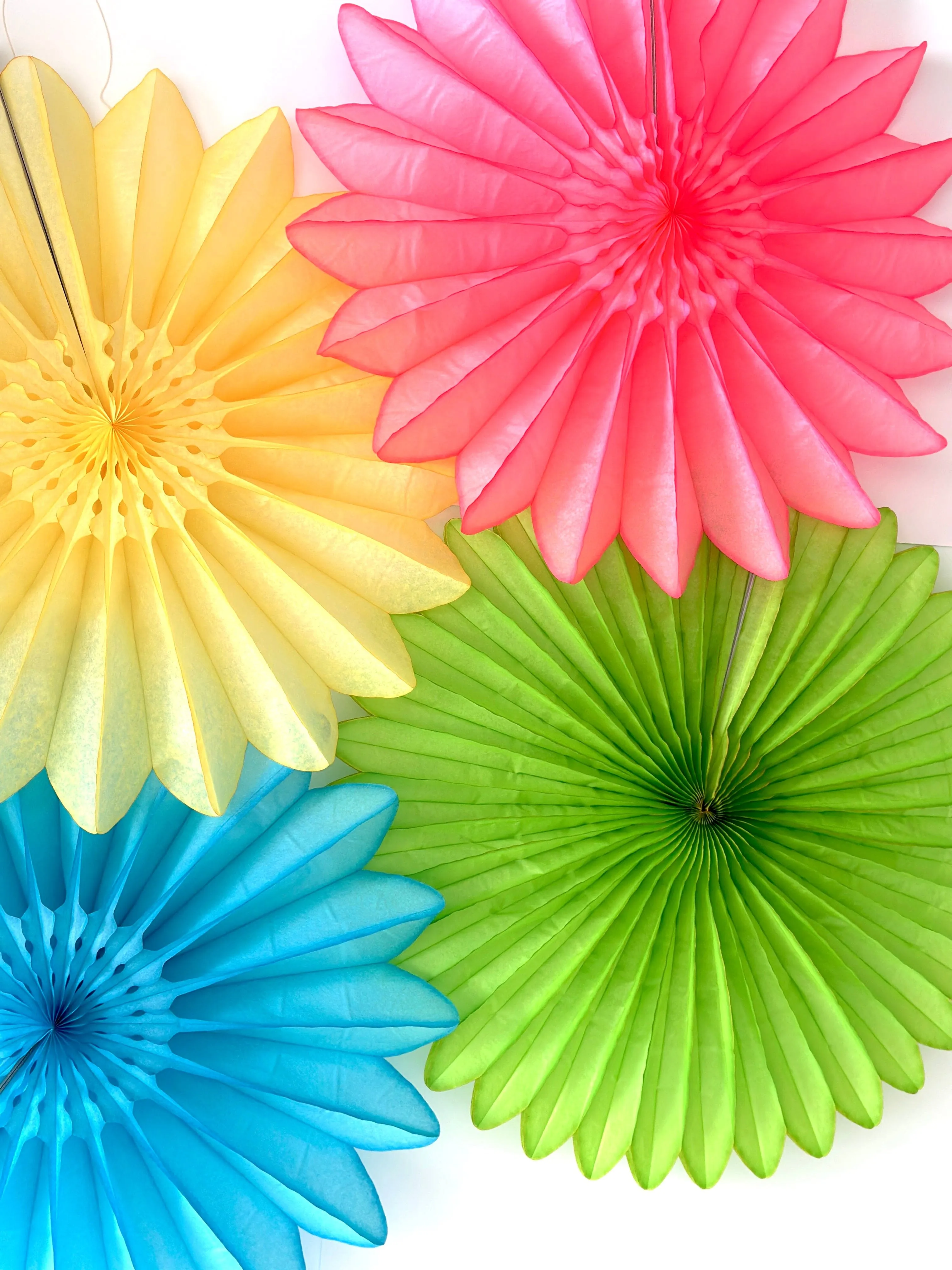 Bright Summer Colour Paper Fans - Set of 4 - 26' Diameter - Perfect Party Decorations - Orange, Yellow, Green, Blue and Pink