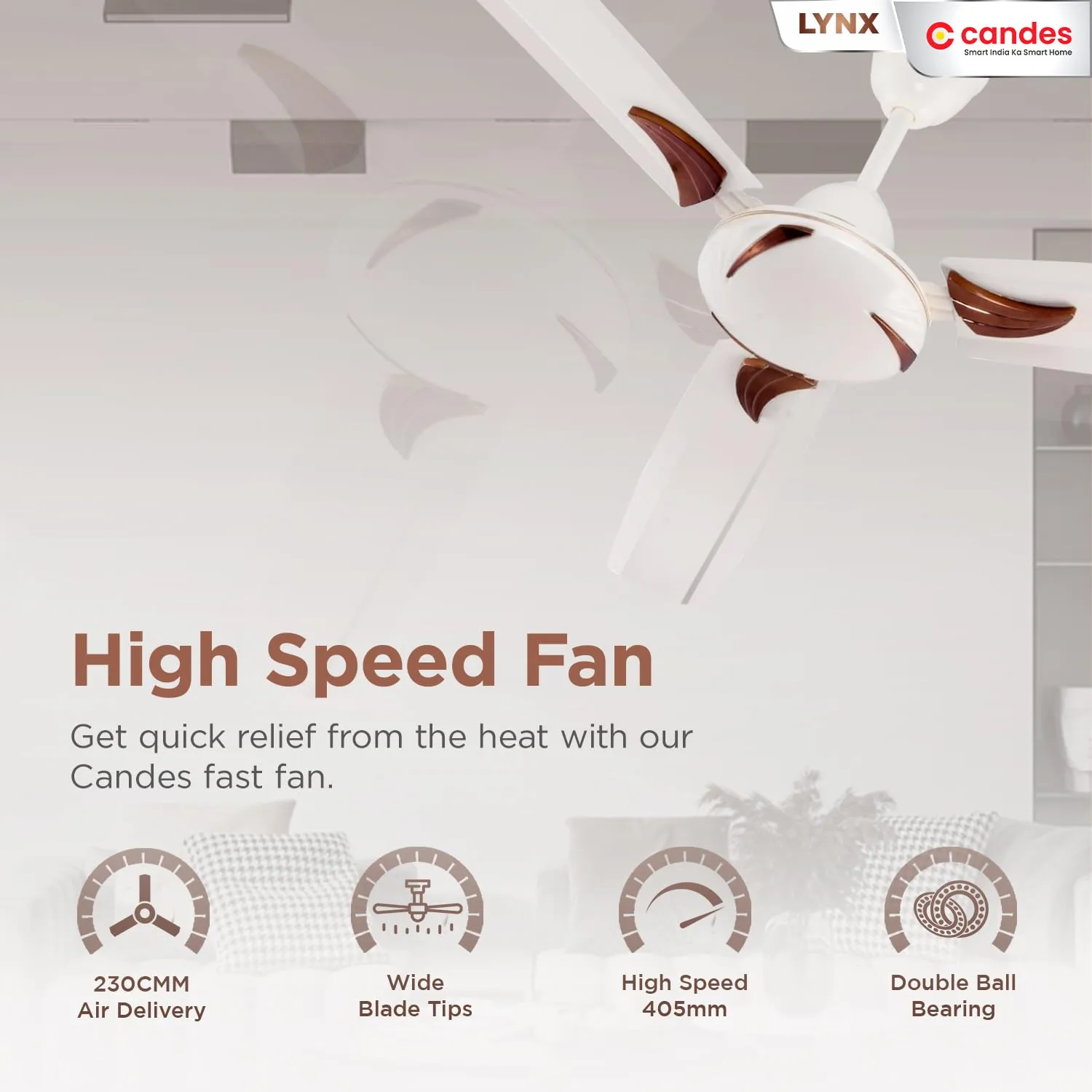 Candes Lynx Ceiling Fans For Home 1200Mm / 48 Inch | Bee 3 stars Rated, High Air Delivery, Noiseless & Energy Efficient | 1 1 Years Warranty | Ivory