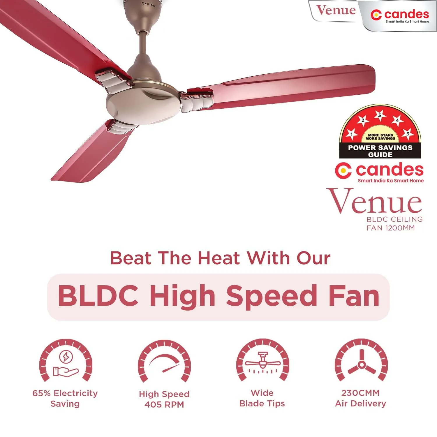 Candes Venue BLDC Ceiling Fan 1200mm / 48 inch | BEE 5 Star Rated, Upto 65% Energy Saving, High Air Delivery & High Speed Ceiling Fans for Home | 2 1 Years Warranty | Golden Red