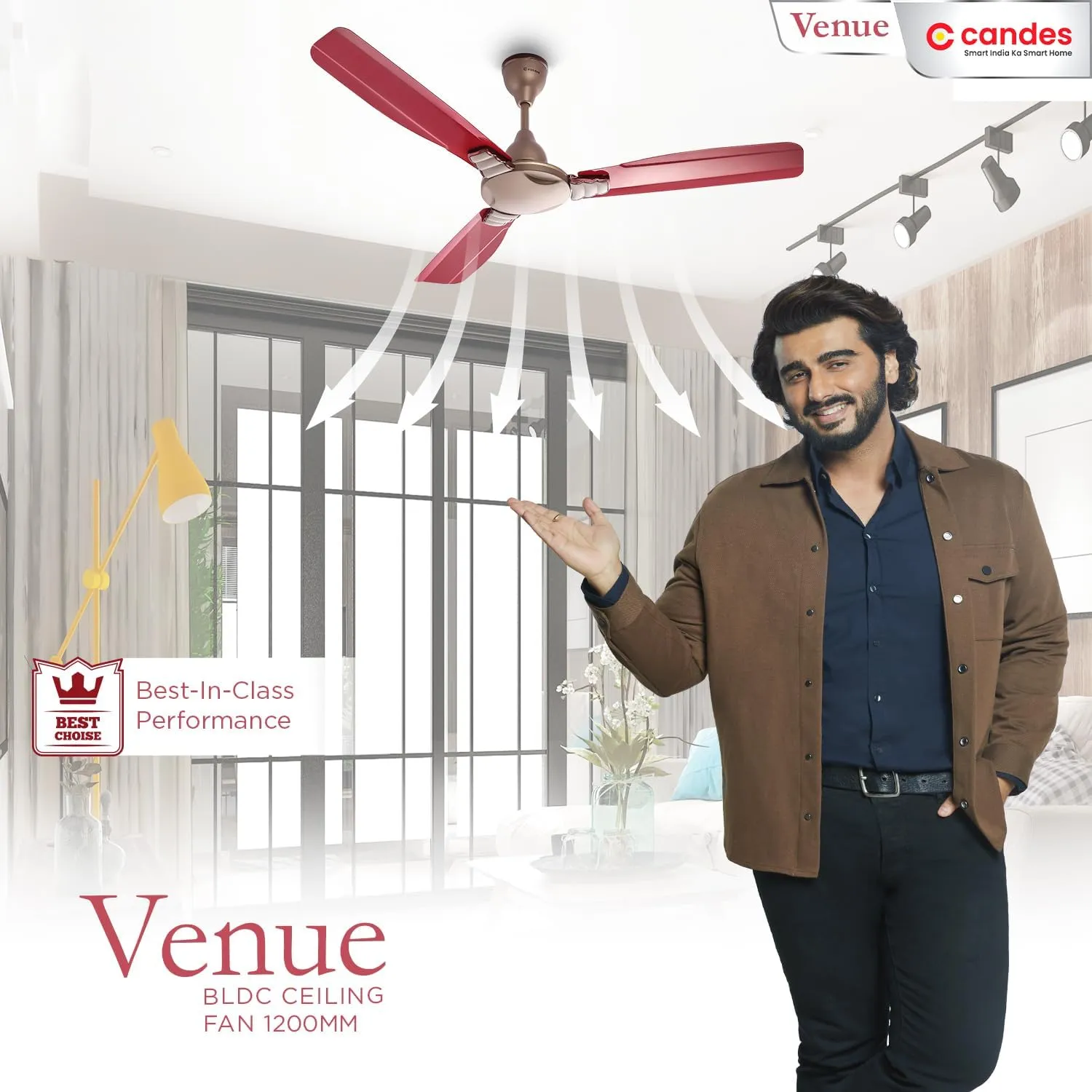 Candes Venue BLDC Ceiling Fan 1200mm / 48 inch | BEE 5 Star Rated, Upto 65% Energy Saving, High Air Delivery & High Speed Ceiling Fans for Home | 2 1 Years Warranty | Golden Red