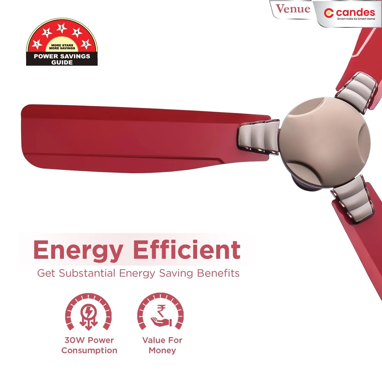 Candes Venue BLDC Ceiling Fan 1200mm / 48 inch | BEE 5 Star Rated, Upto 65% Energy Saving, High Air Delivery & High Speed Ceiling Fans for Home | 2 1 Years Warranty | Golden Red