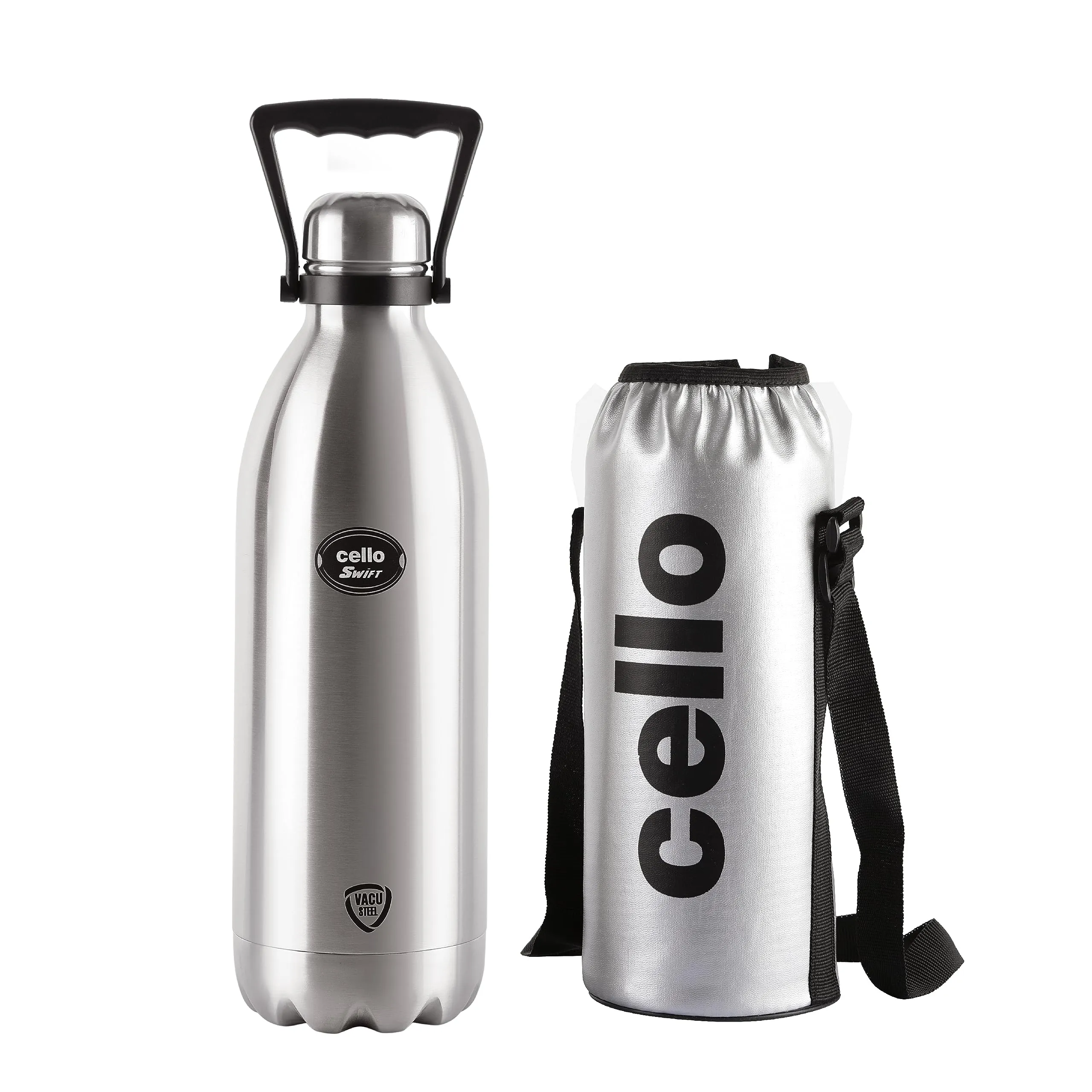 Cello Swift Thermosteel Water Bottle with Thermal Jacket, 2.2 litre, Silver | Prolonged Hours Hot & Cold | Flask for Tea Coffee | Ideal for Office, Gym, Home, Kitchen, Hiking, Trekking, Travel Bottle