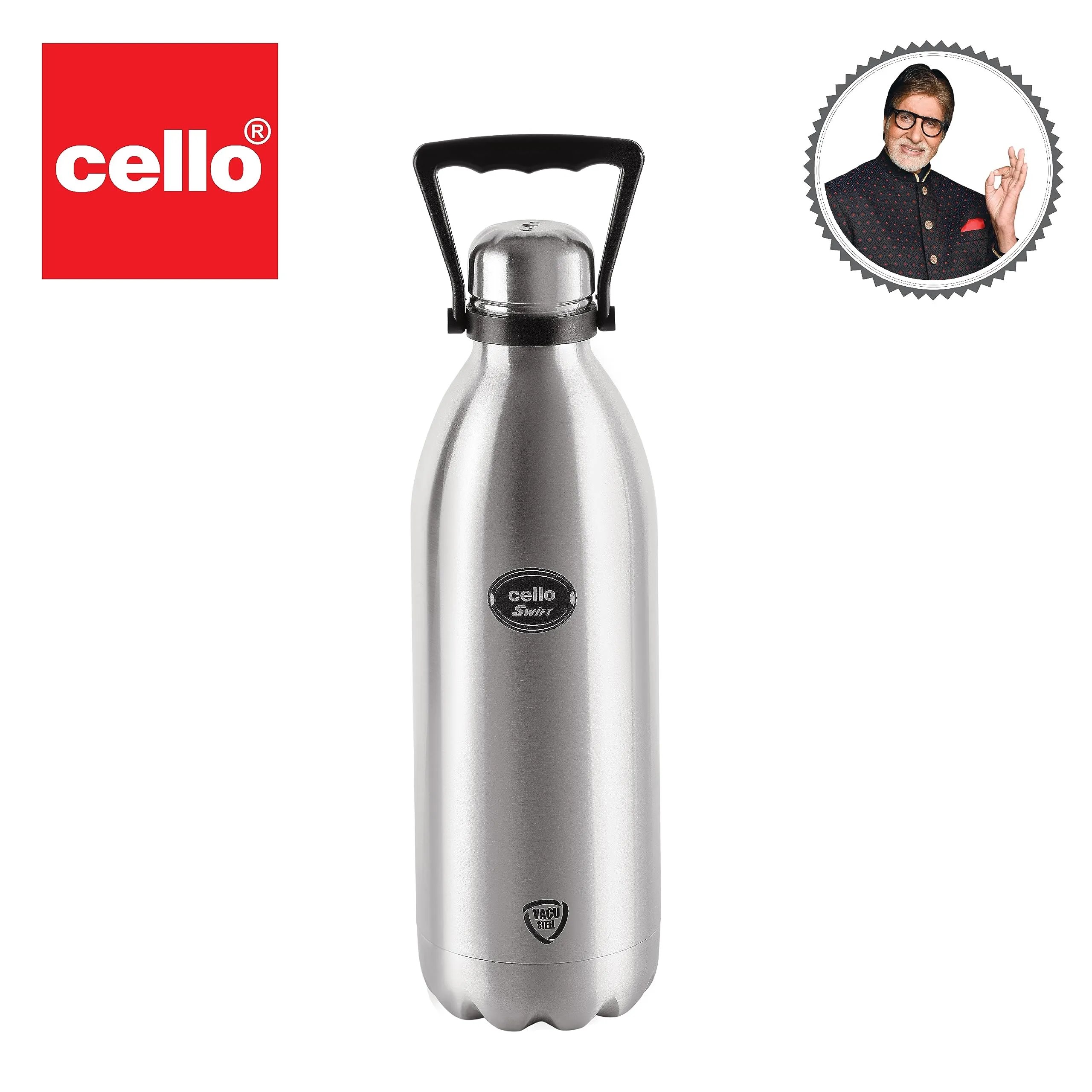 Cello Swift Thermosteel Water Bottle with Thermal Jacket, 2.2 litre, Silver | Prolonged Hours Hot & Cold | Flask for Tea Coffee | Ideal for Office, Gym, Home, Kitchen, Hiking, Trekking, Travel Bottle