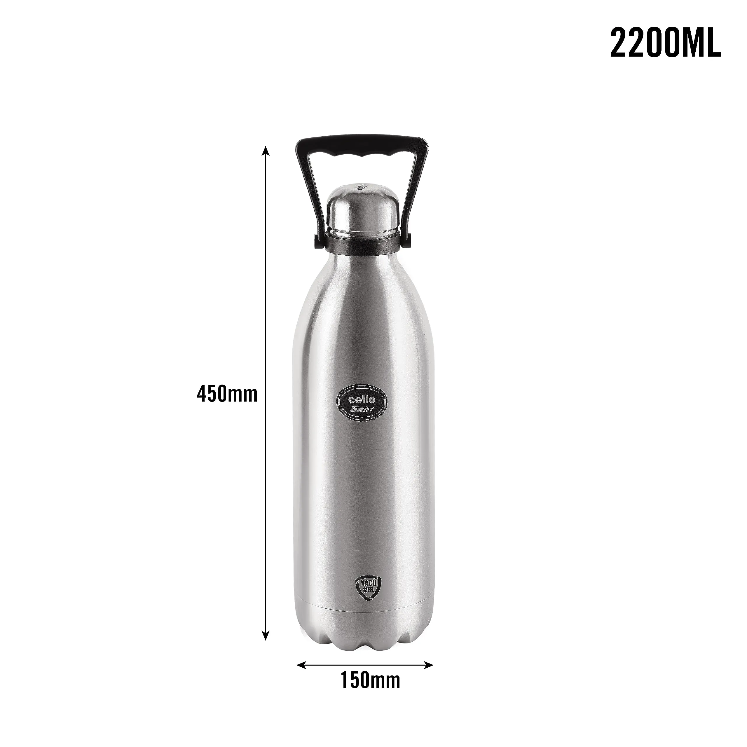 Cello Swift Thermosteel Water Bottle with Thermal Jacket, 2.2 litre, Silver | Prolonged Hours Hot & Cold | Flask for Tea Coffee | Ideal for Office, Gym, Home, Kitchen, Hiking, Trekking, Travel Bottle