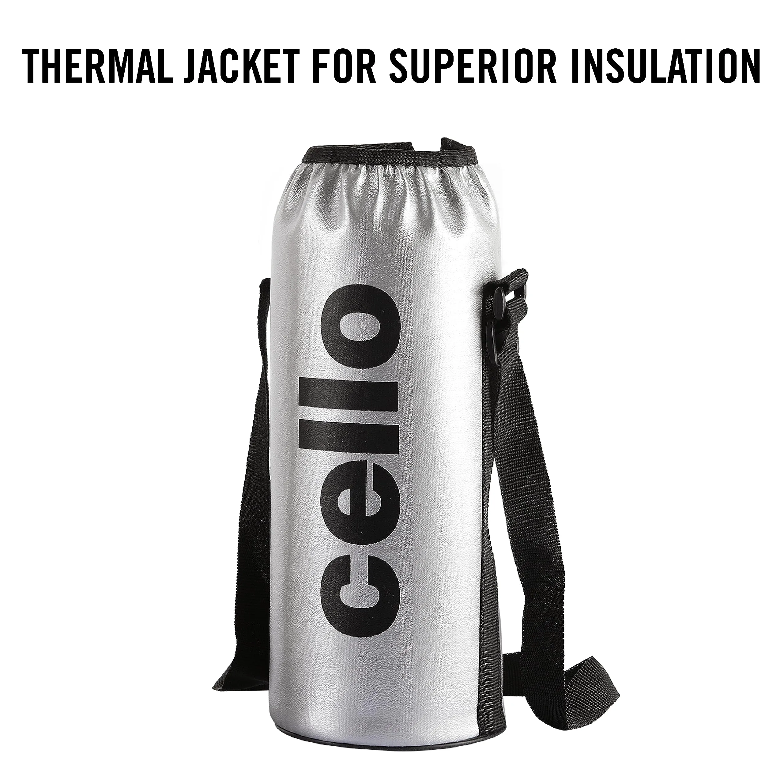 Cello Swift Thermosteel Water Bottle with Thermal Jacket, 2.2 litre, Silver | Prolonged Hours Hot & Cold | Flask for Tea Coffee | Ideal for Office, Gym, Home, Kitchen, Hiking, Trekking, Travel Bottle