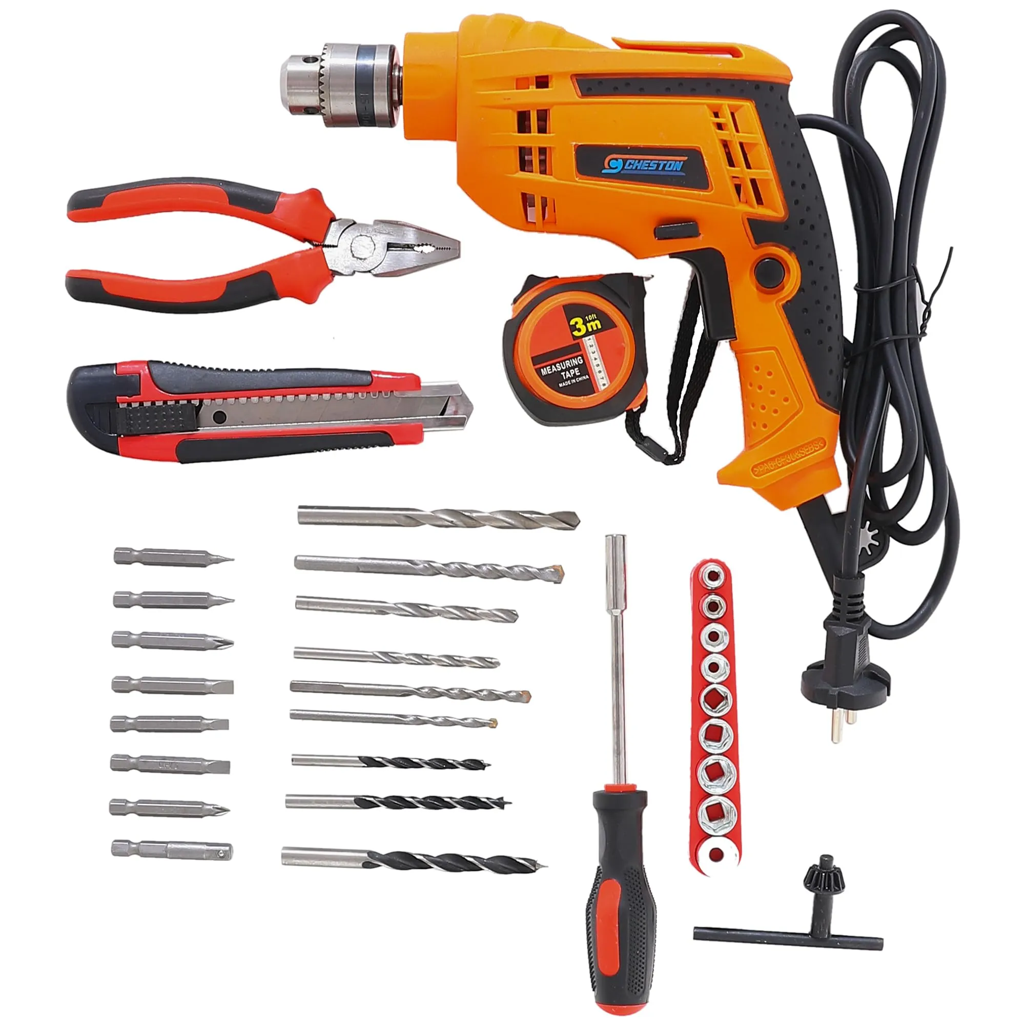 CHESTON Drill Kit (400W) | 10mm Drill Machine For Home Use | Tool Kit For Home Use | Variable Speed Drill Machine - Set Of 32 Drill Bits, Screwdriver, Pliers, Box Cutters, Measuring Tape