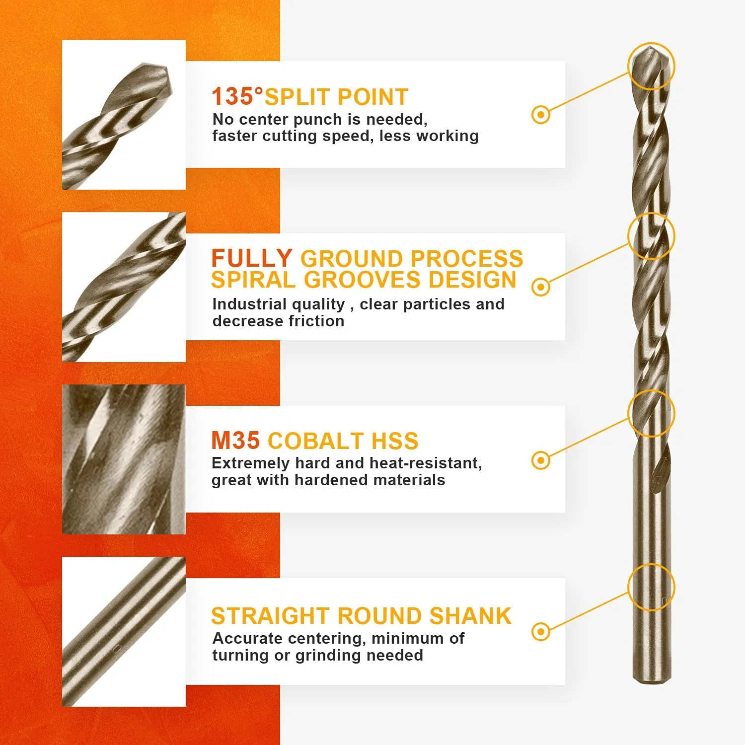 Cobalt Twist Drill Bits, High Speed Steel, for Hardened Metal, Stainless Steel