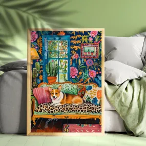 Corgi Lounging on a Luxury Sofa - Maximalist Wall Art - Black Panther Print - Corgi Art - Pet Wall Art - Leopard Print Dog Decor