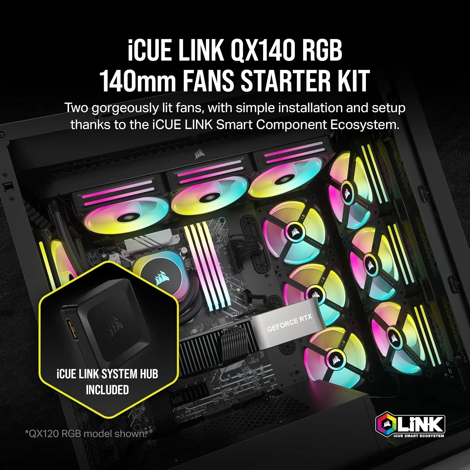 Corsair iCUE LINK QX140 RGB 140mm PWM PC Fans Starter Kit with iCUE LINK System Hub Black 黑色 (2件裝) CO-9051004-WW