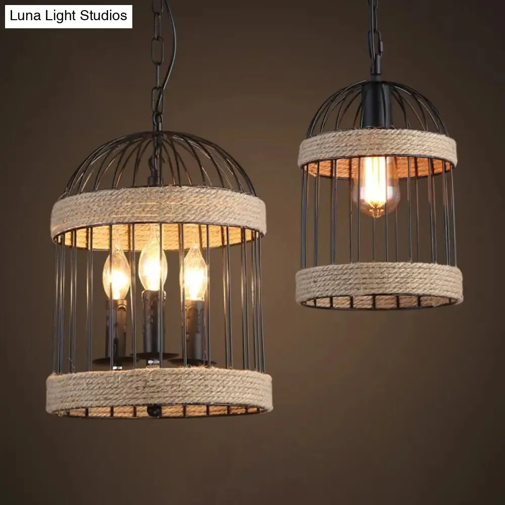 Country Style Brown Cage Pendulum Light with Roped Cloche - Perfect for Snack Bars