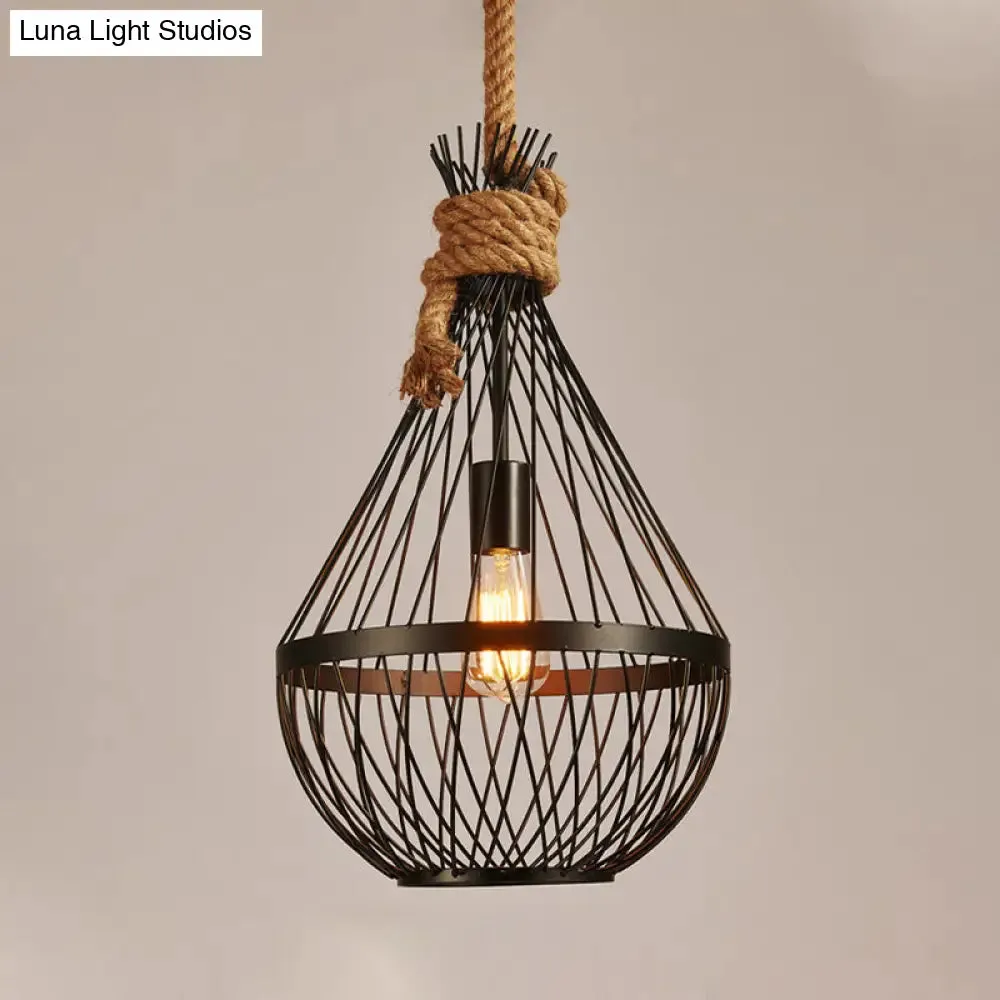 Countryside Black Teardrop Ceiling Lamp with Rope Suspension - Metal Pendant Light for Restaurants