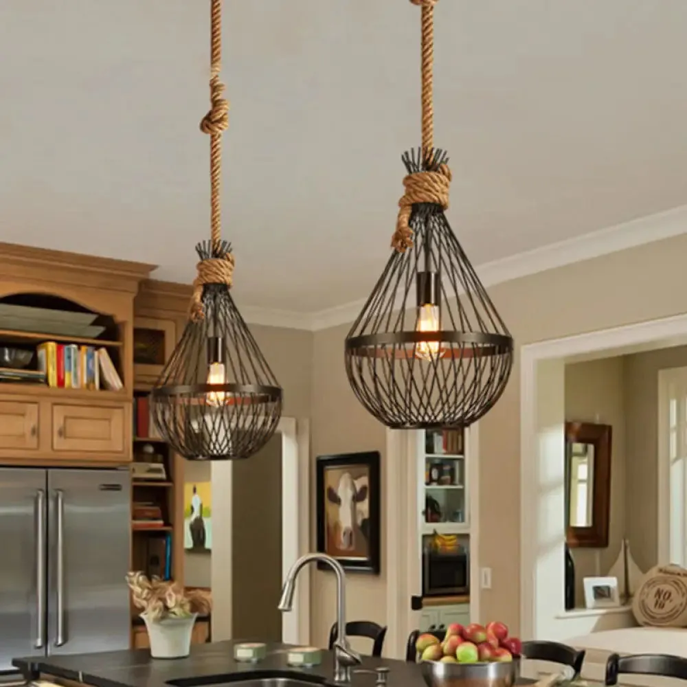 Countryside Black Teardrop Ceiling Lamp with Rope Suspension - Metal Pendant Light for Restaurants