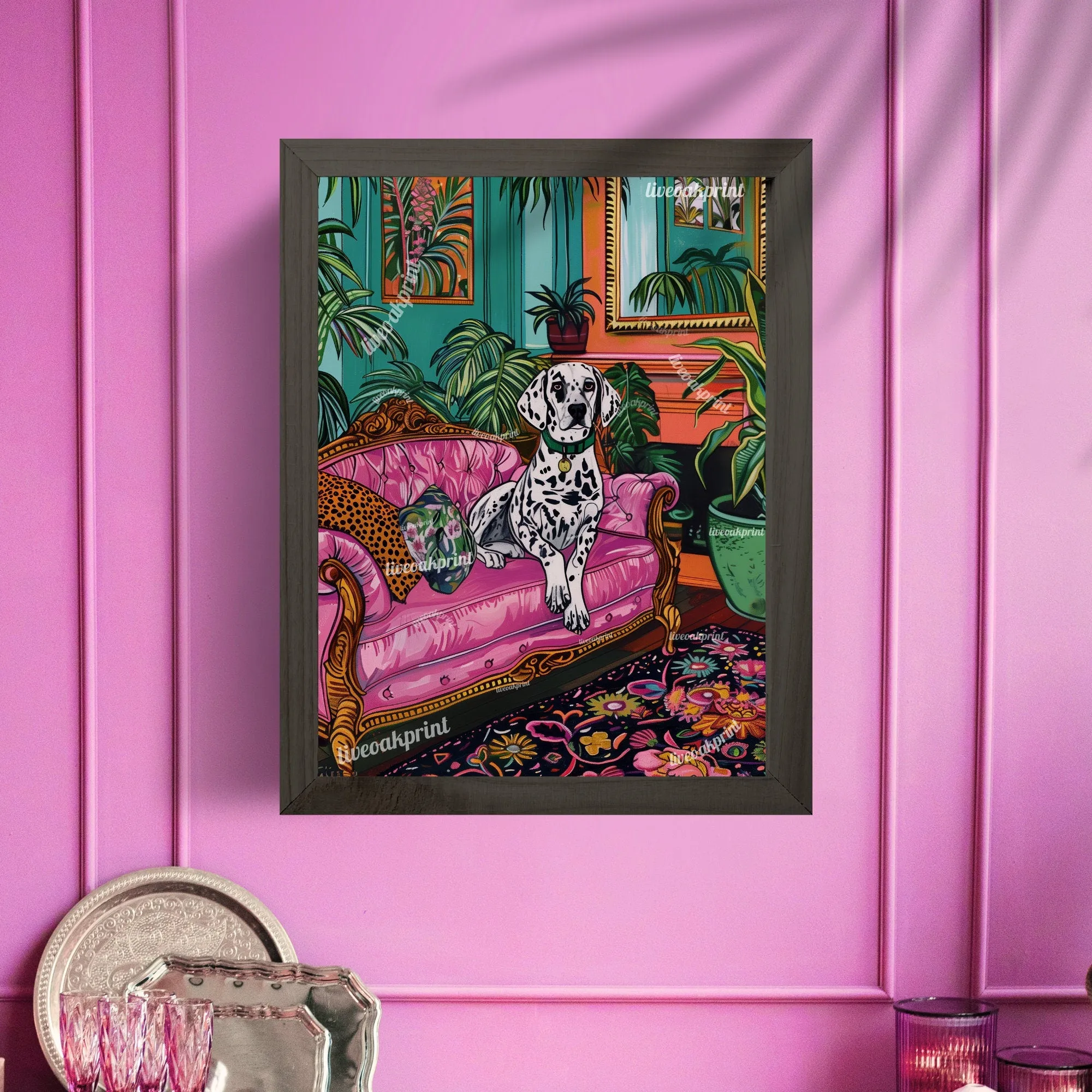 Dalmatian Lounging on a Luxury Sofa - Maximalist Dog Print - Dog Wall Art - Jungle Wall Decor - Maximalist Living Room