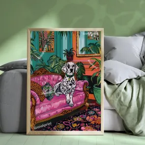 Dalmatian Lounging on a Luxury Sofa - Maximalist Dog Print - Dog Wall Art - Jungle Wall Decor - Maximalist Living Room