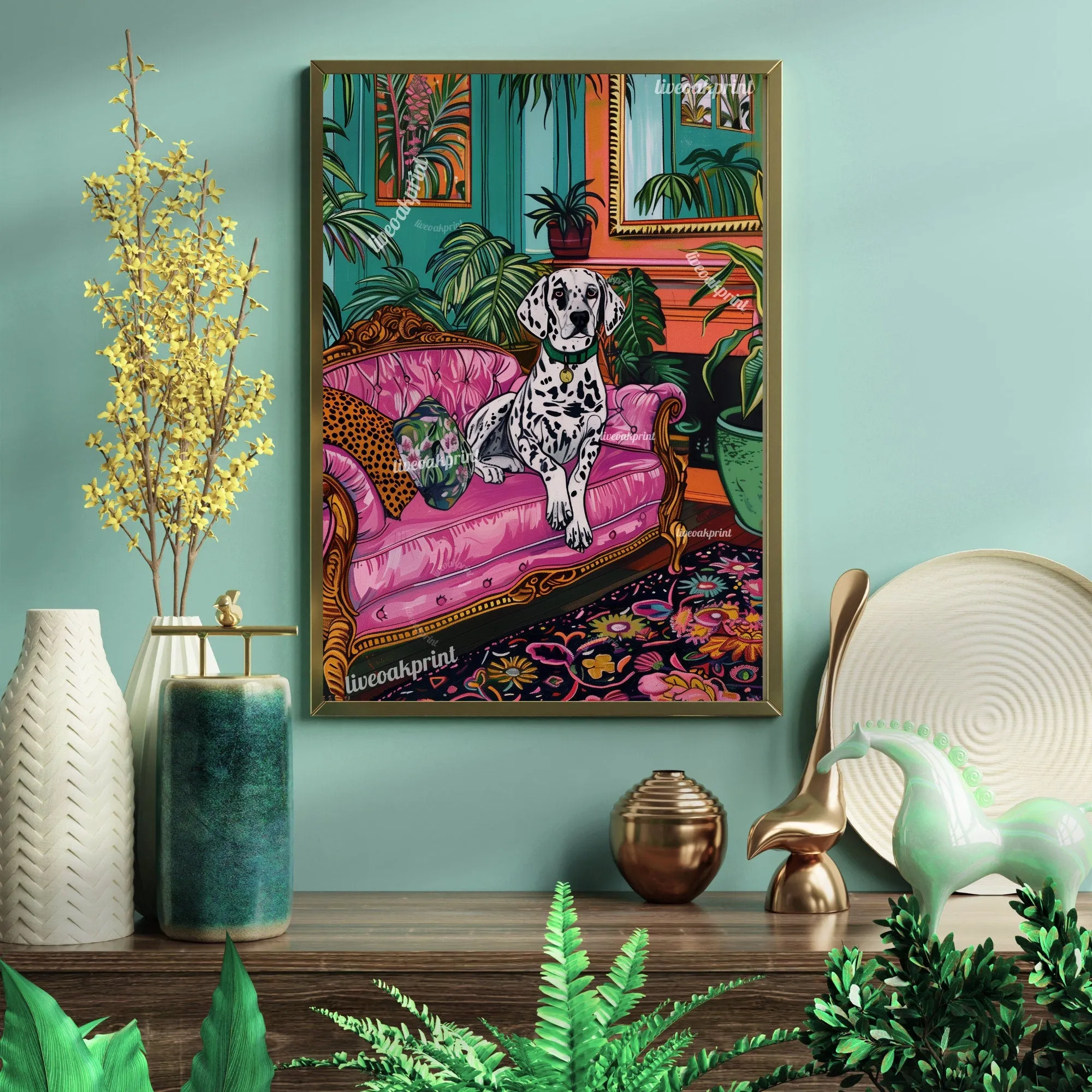 Dalmatian Lounging on a Luxury Sofa - Maximalist Dog Print - Dog Wall Art - Jungle Wall Decor - Maximalist Living Room