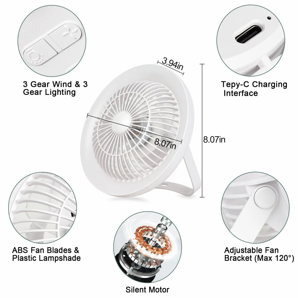 Depuley Portable Desk Fan with LED Light, 8" Small Desk Fan for Hanging or Tabletop Use, 4000mAH Outdoor Small Fan Rechargeable Quiet Camping USB Desk Fan with 3 Speeds