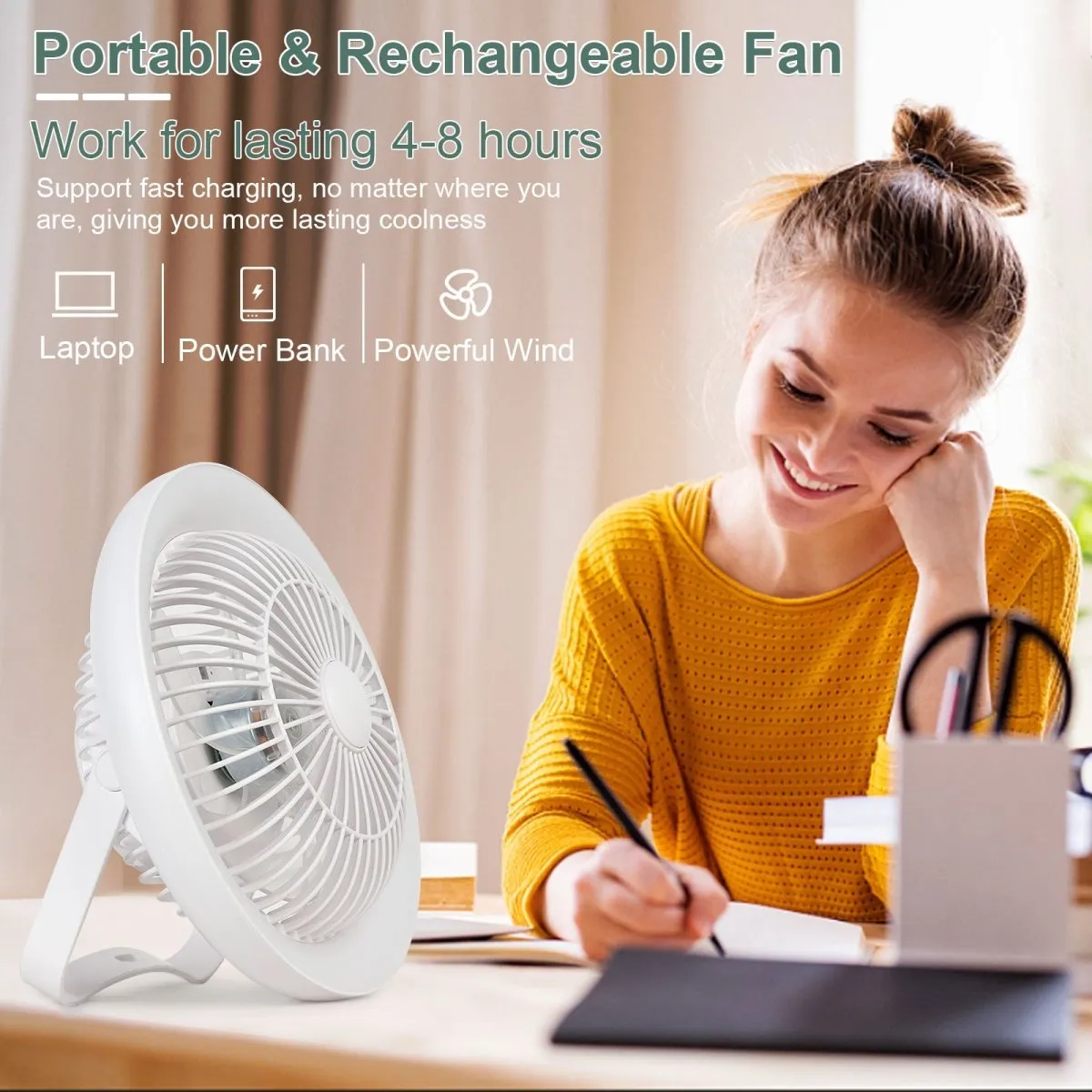 Depuley Portable Desk Fan with LED Light, 8" Small Desk Fan for Hanging or Tabletop Use, 4000mAH Outdoor Small Fan Rechargeable Quiet Camping USB Desk Fan with 3 Speeds