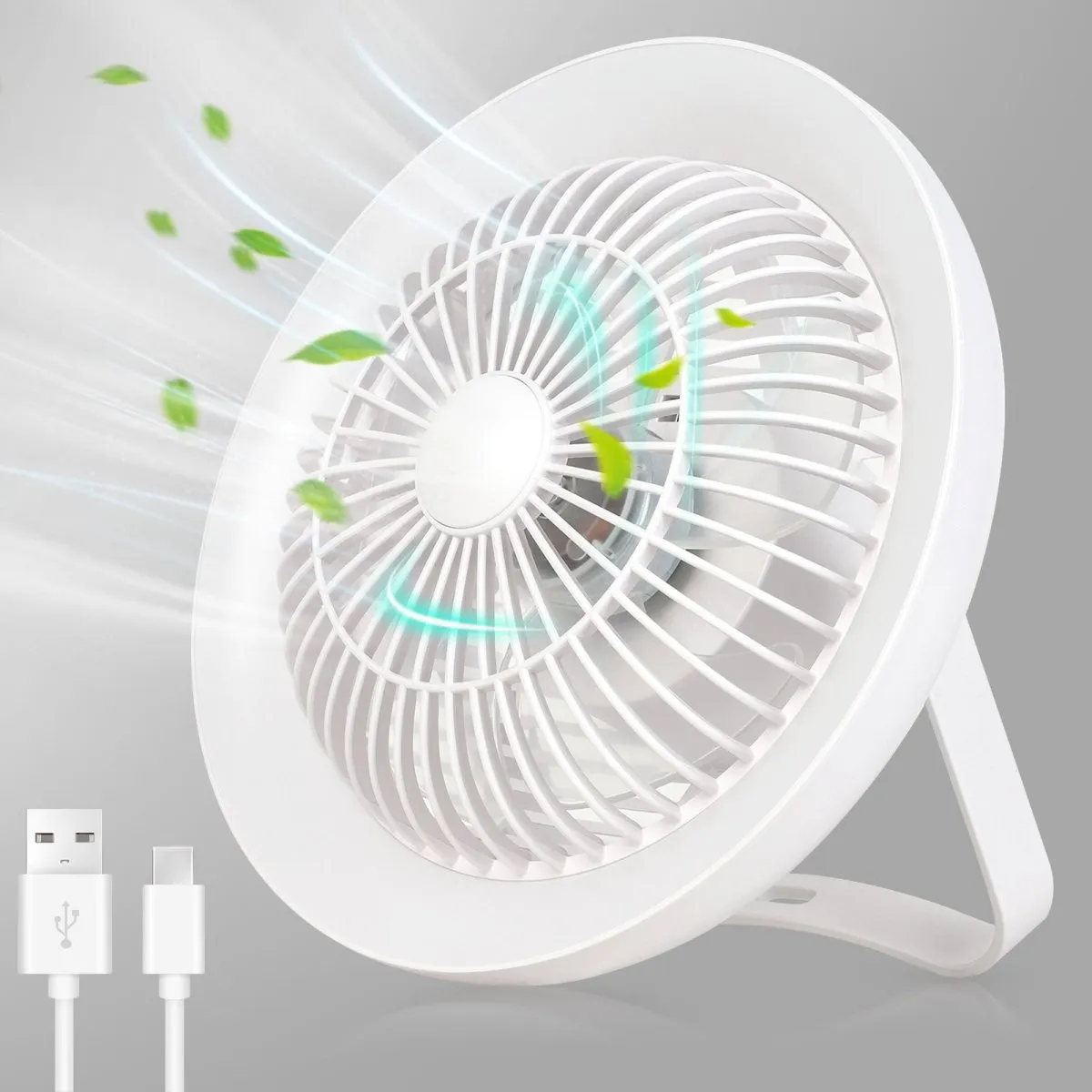 Depuley Portable Desk Fan with LED Light, 8" Small Desk Fan for Hanging or Tabletop Use, 4000mAH Outdoor Small Fan Rechargeable Quiet Camping USB Desk Fan with 3 Speeds