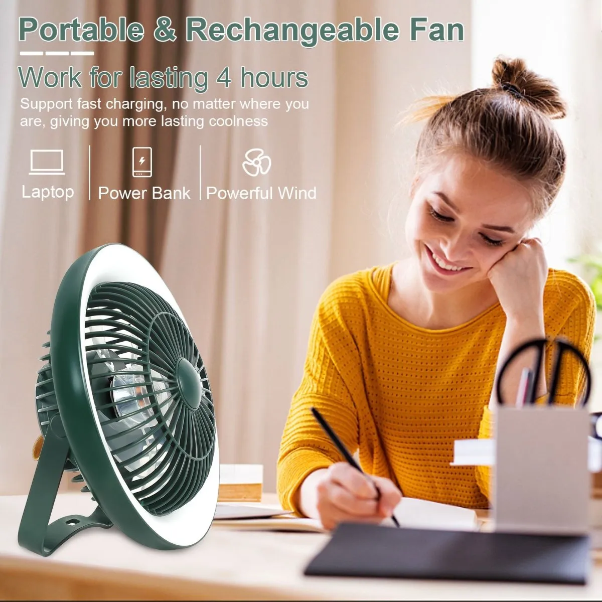 Depuley Portable Desk Fan with LED Light, 8" Small Desk Fan for Hanging or Tabletop Use, 4000mAH Outdoor Small Fan Rechargeable Quiet Camping USB Desk Fan with 3 Speeds