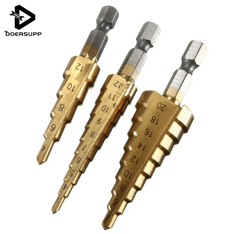 Doersupp 3pcs HSS Titanium Coated Step Drill Bit for Metal 3-12mm 4-12mm 4-20mm High Speed Steel Wood Drilling Power Tools S