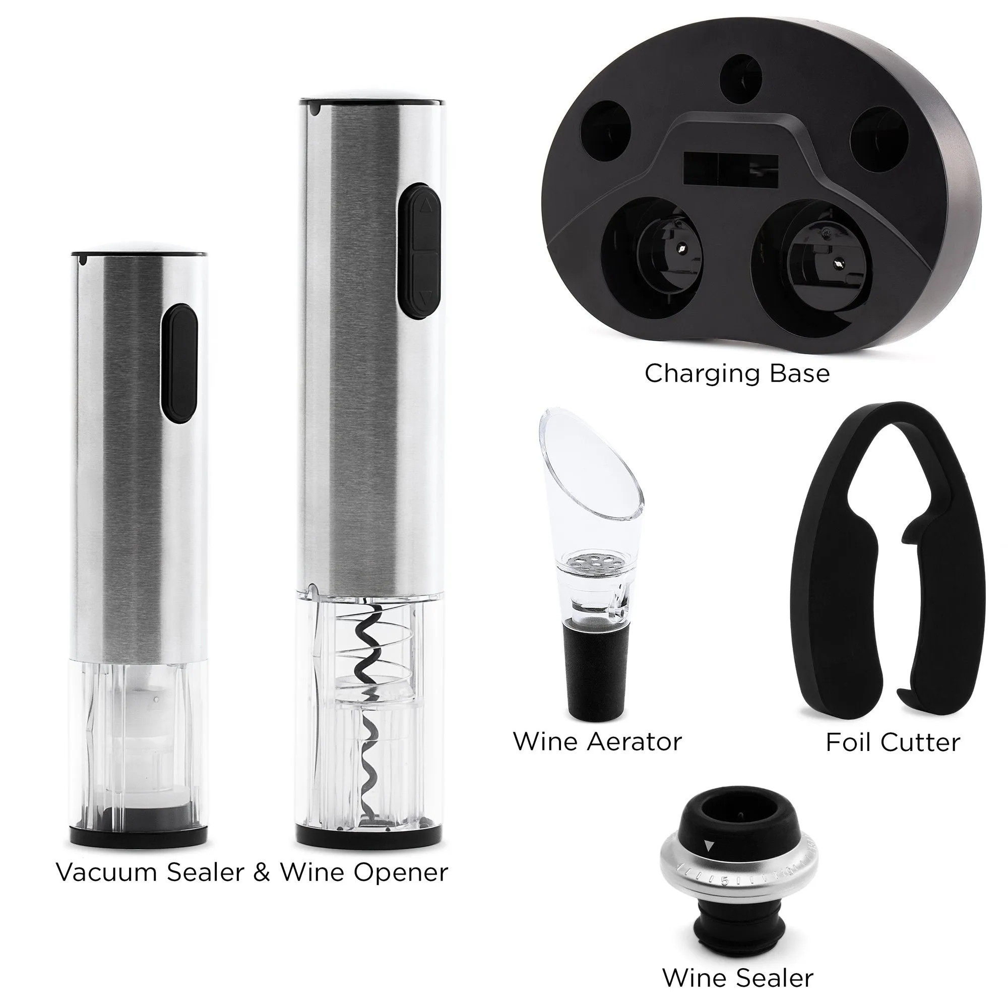 Electric Stainless Steel Wine Opener Set w/ Aerator, Foil Cutter, Charger