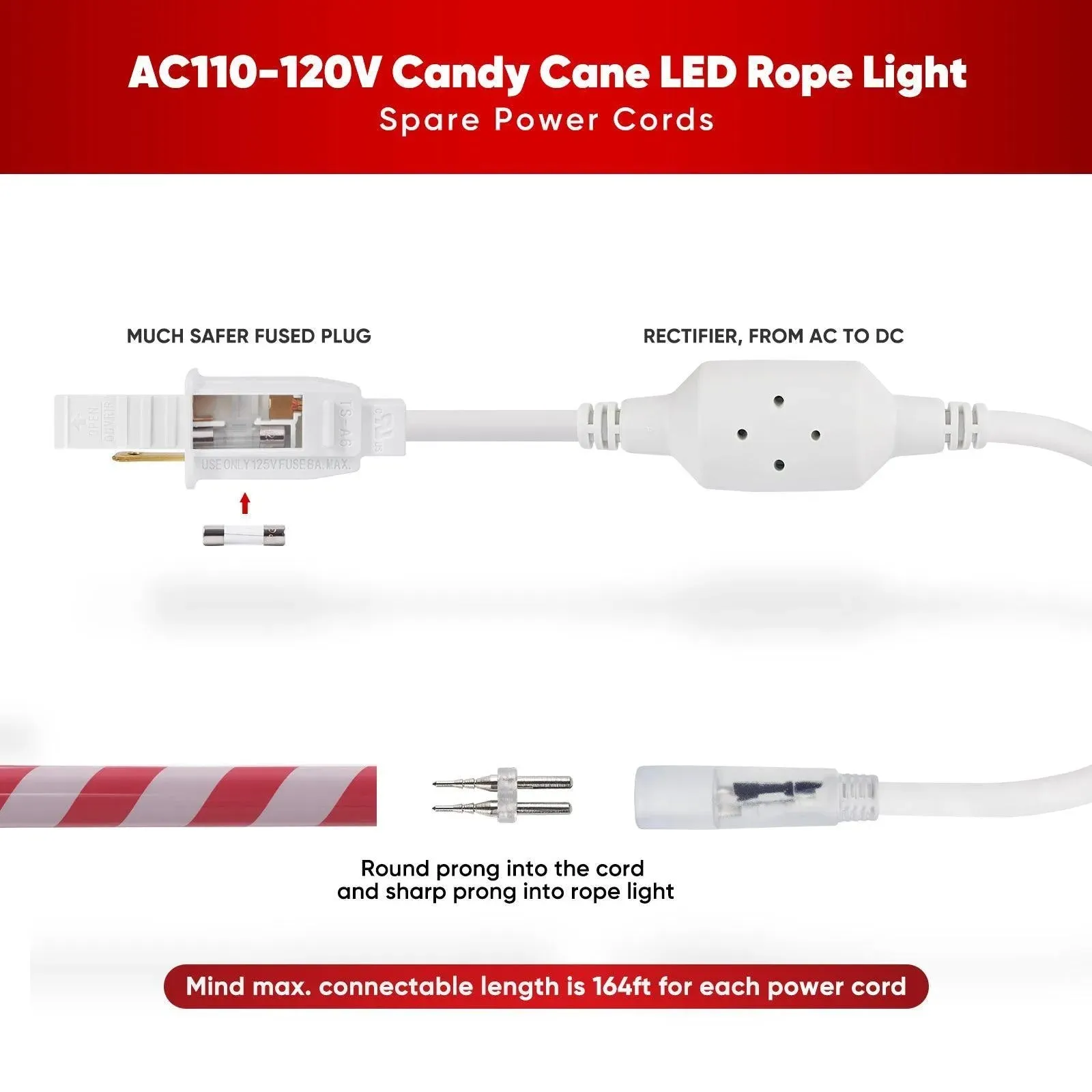 Extra Power Cord For 110V Candy Cane LED Rope Light And Patriotic Rope Light