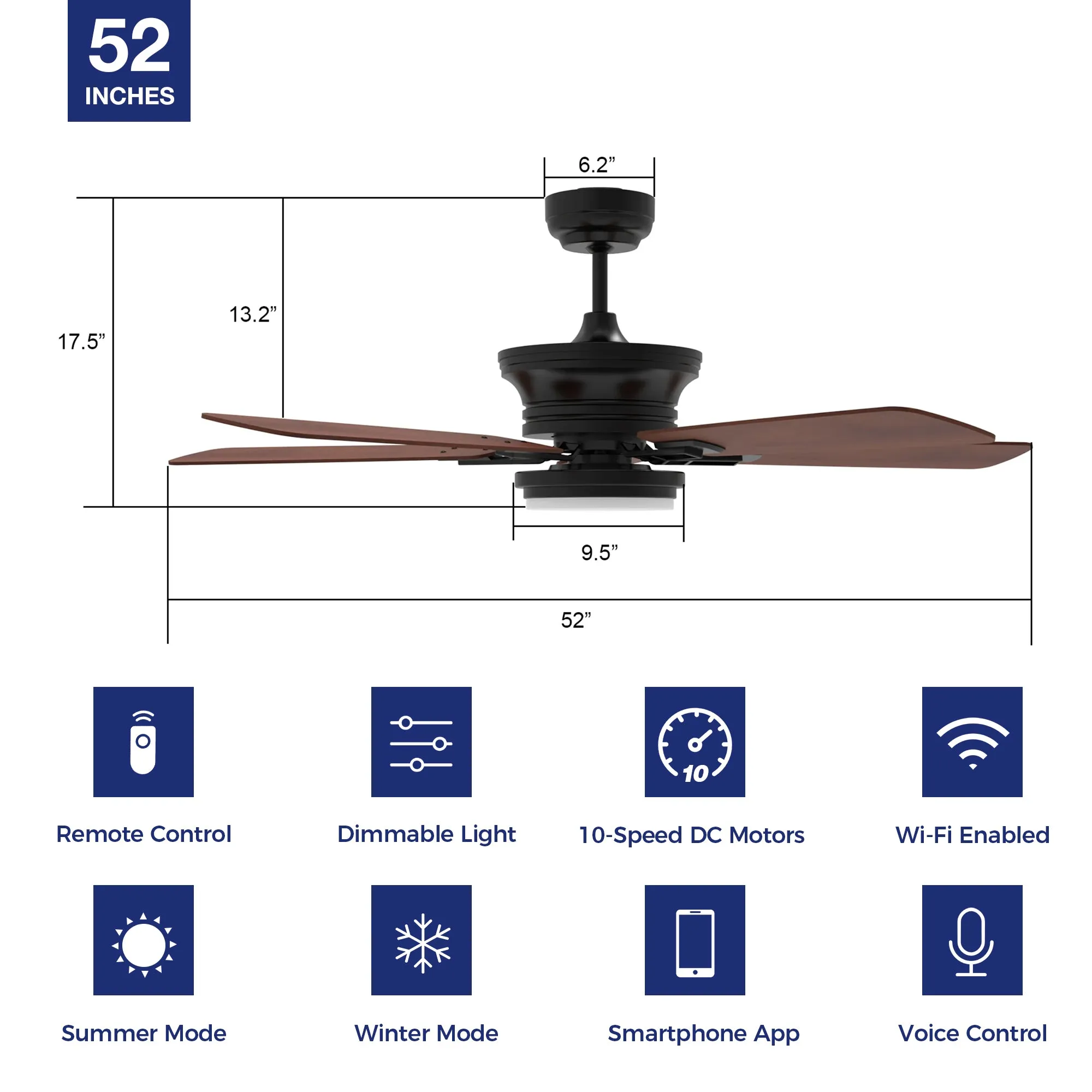 Glacier Smart Outdoor Ceiling Fan 52 inch with Led Light and Remote