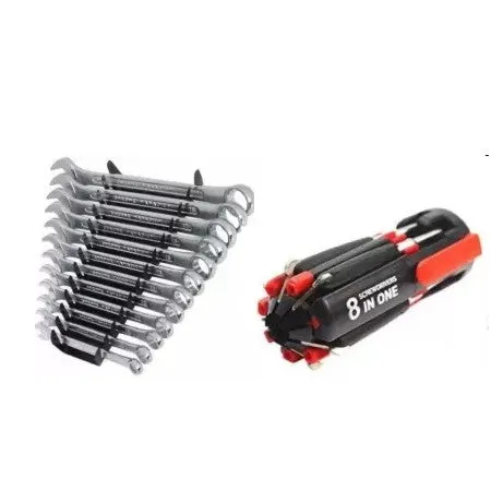 Hand Tool Kit - 12 Pcs Wrench Set Combination Double Sided and 8 in 1 Multi Screwdriver with LED Torch Set