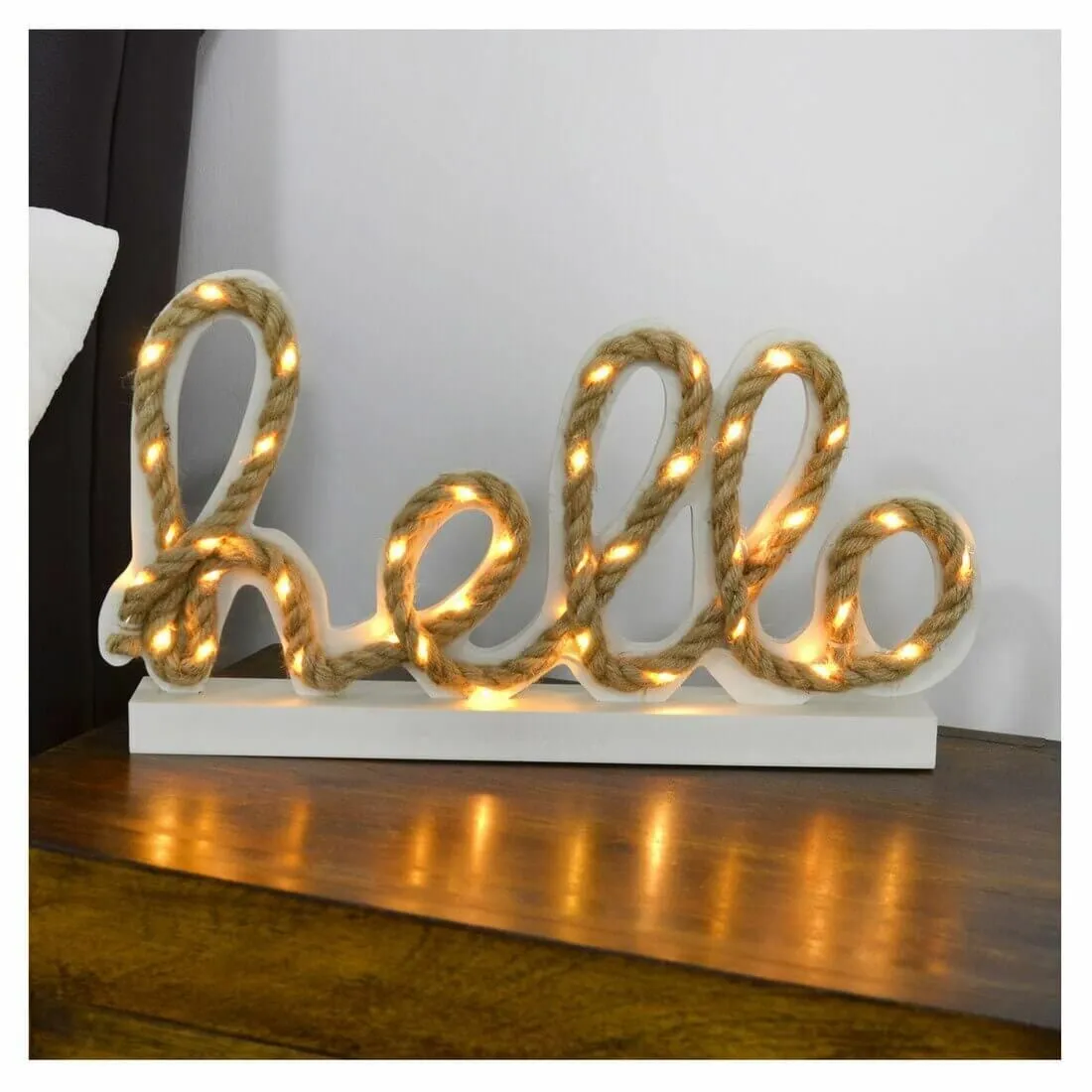 Hello White Wooden Light Up Sign With Rope Writing